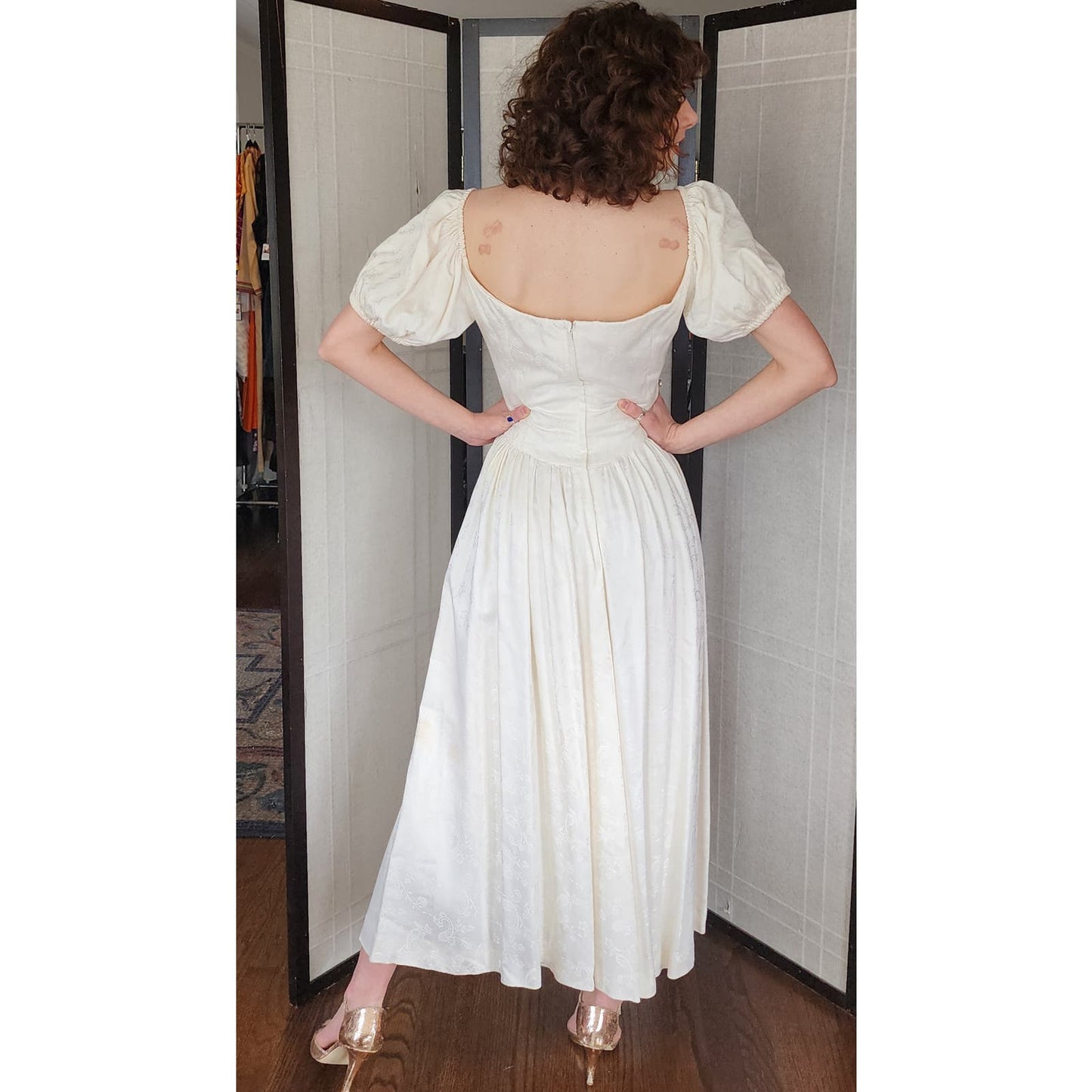 Vintage 80s White Damask Dress Puffed Sleeves