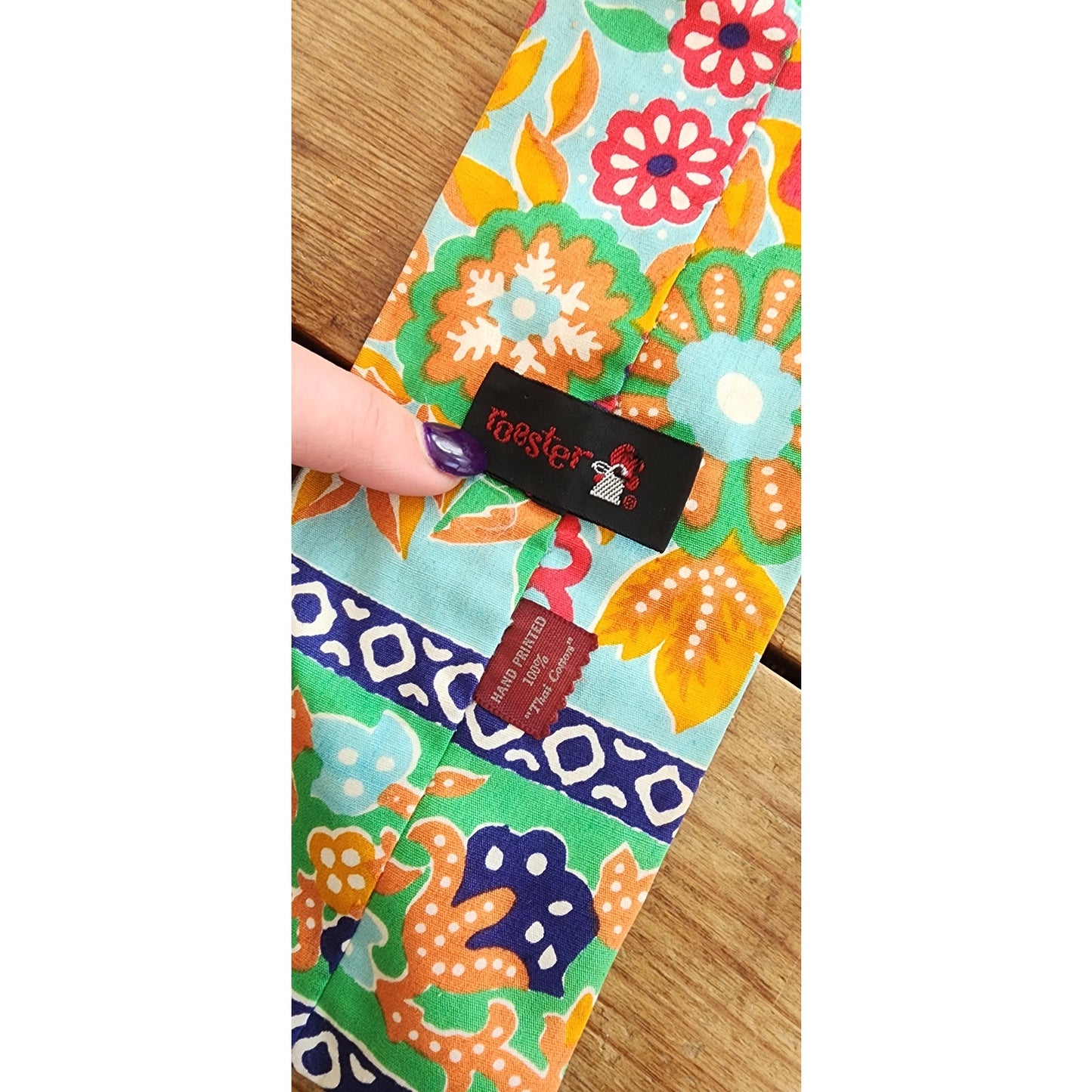 Vintage 60s Mens Necktie Colorful Floral Print Square Bottom Rooster