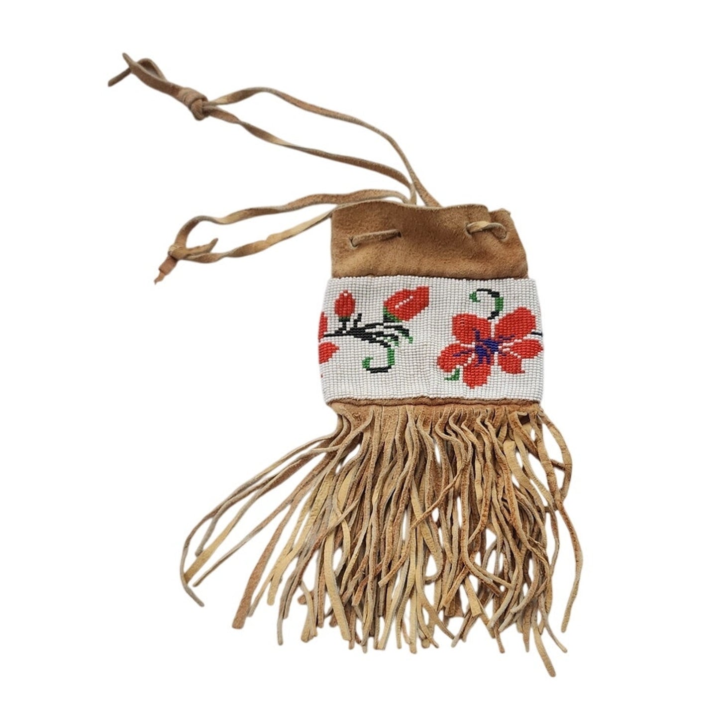 Antique Native American Medicine Bag Embroidered Fringed Suede Plains Indians Pouch