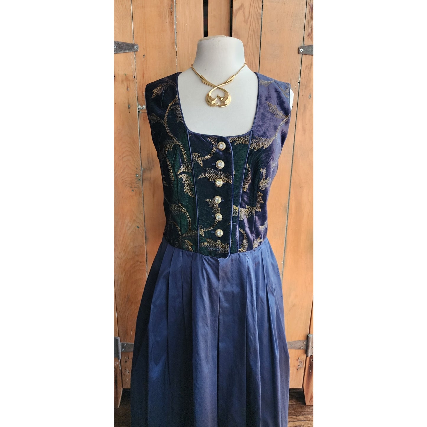 Vintage M&G Dirndl Dress Oktoberfest Blue Velvet Gold Satin