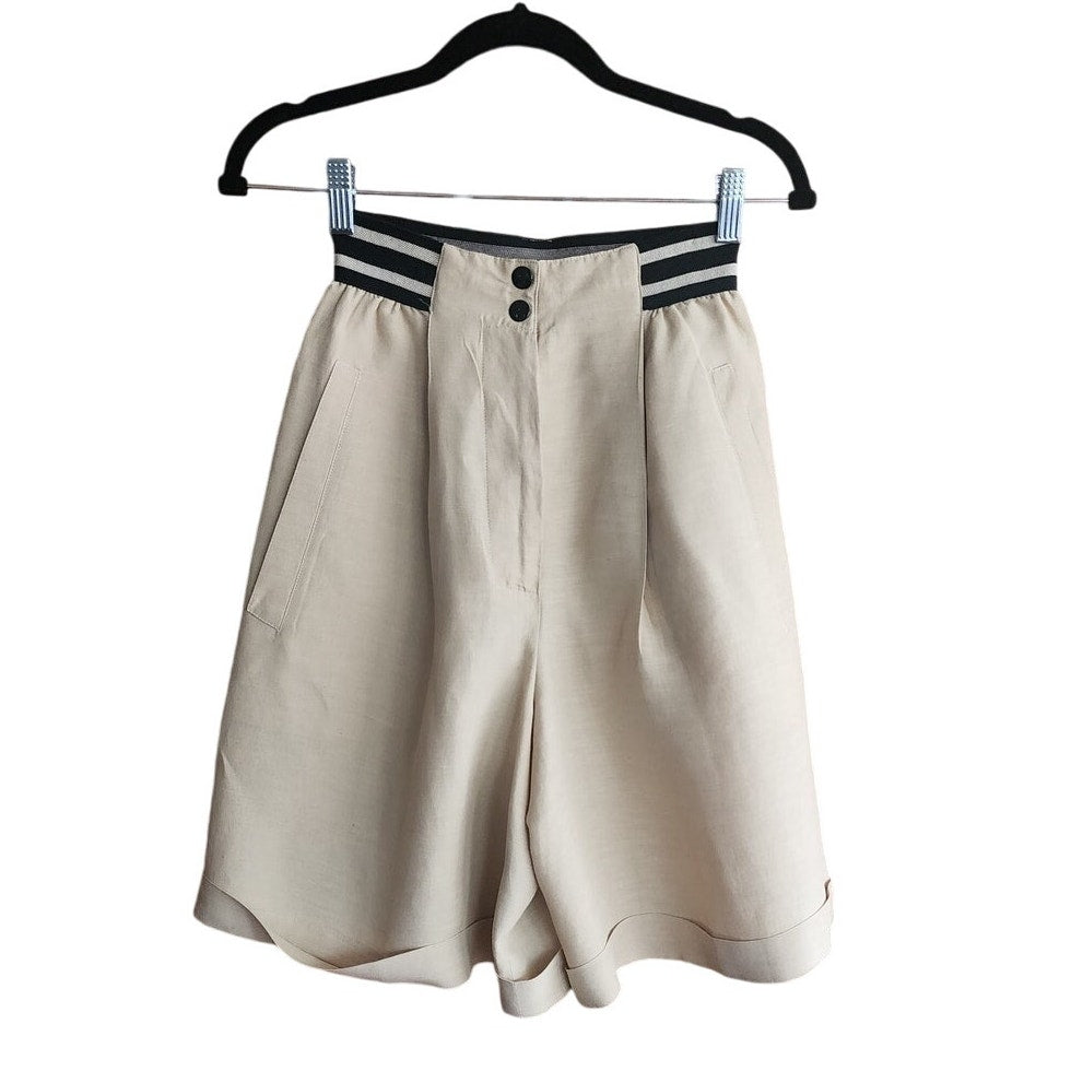 Vintage 80s Claude Montana Shorts Beige Black Linen Blend