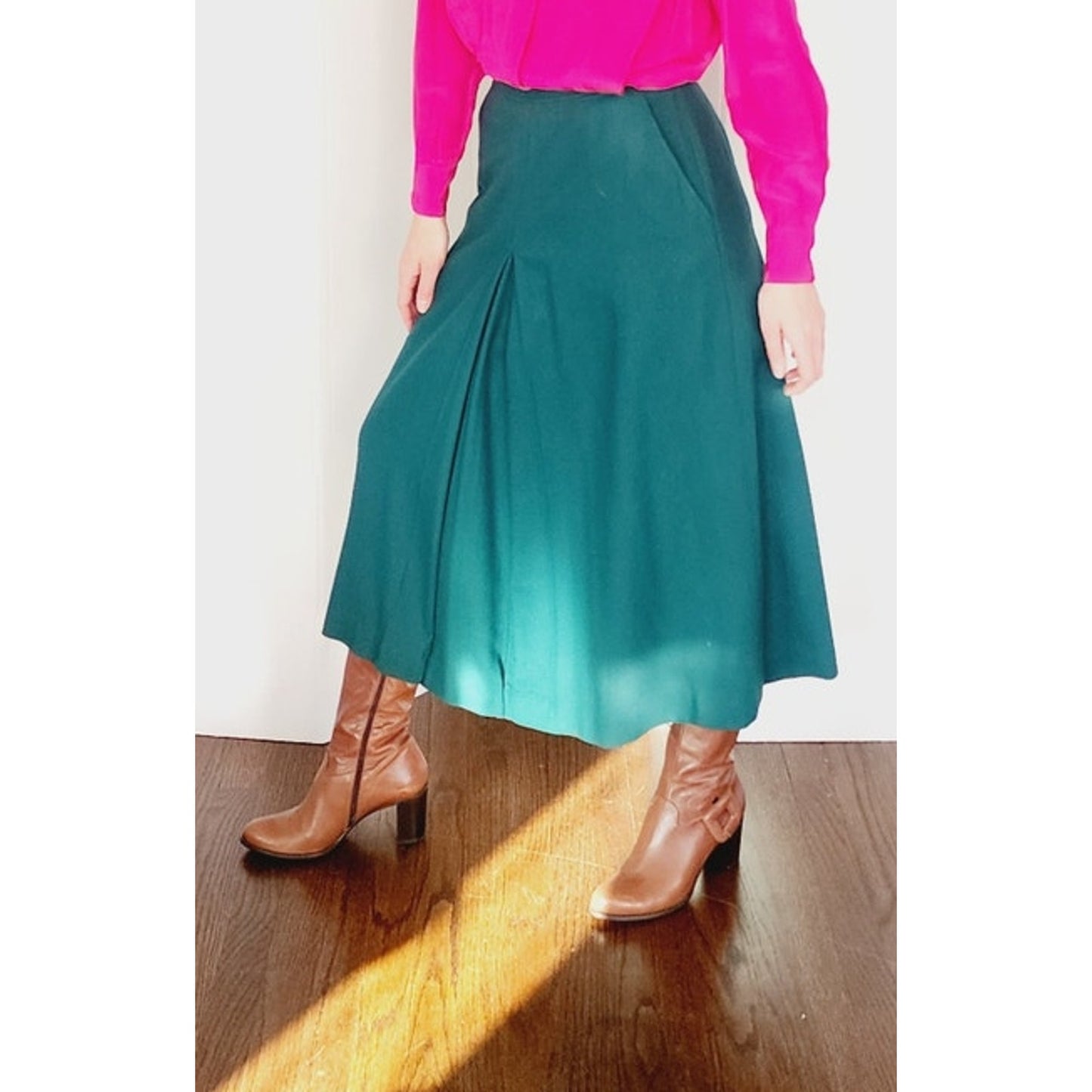 Vintage 70s Dark Green Wool Skirt HIgh Waisted Ankle Length Skyr / Small