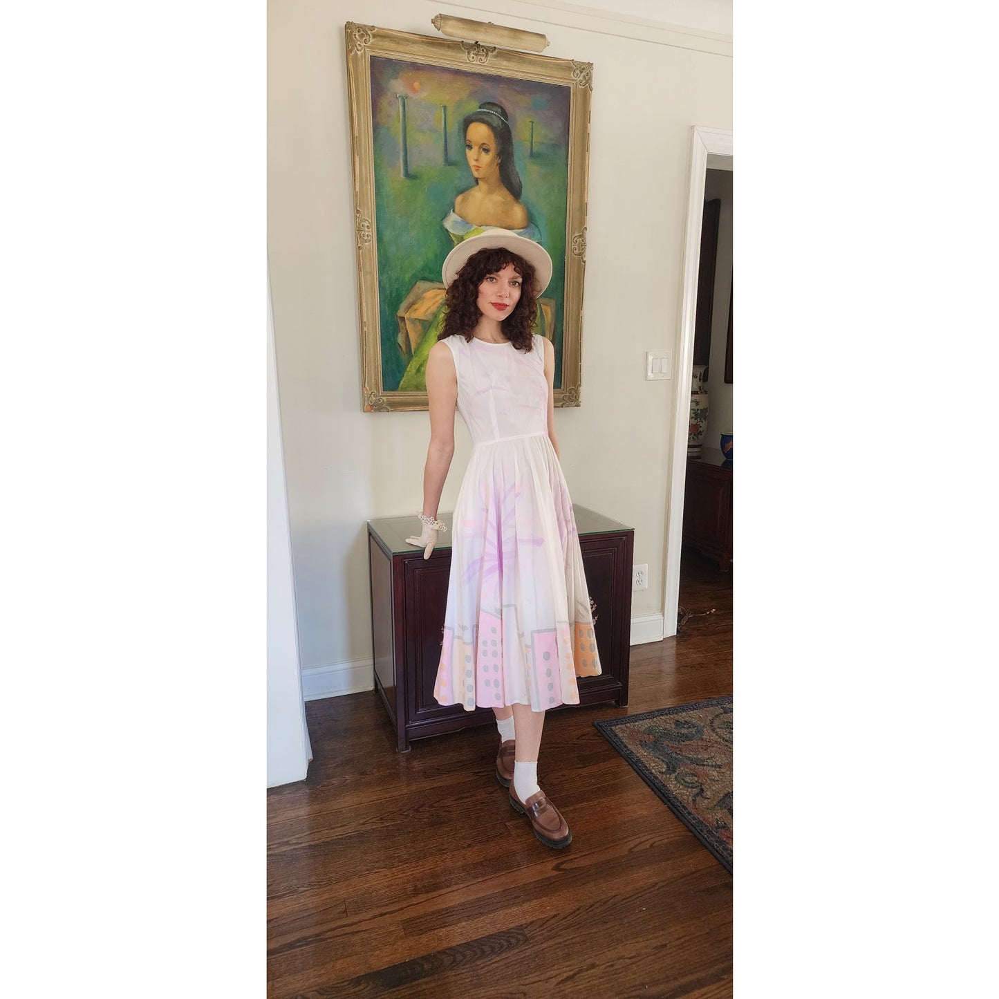 Vintage 90s Cotton Print Sun Dress Sleeveless White Pink Cityscape Print Circle Skirt / S