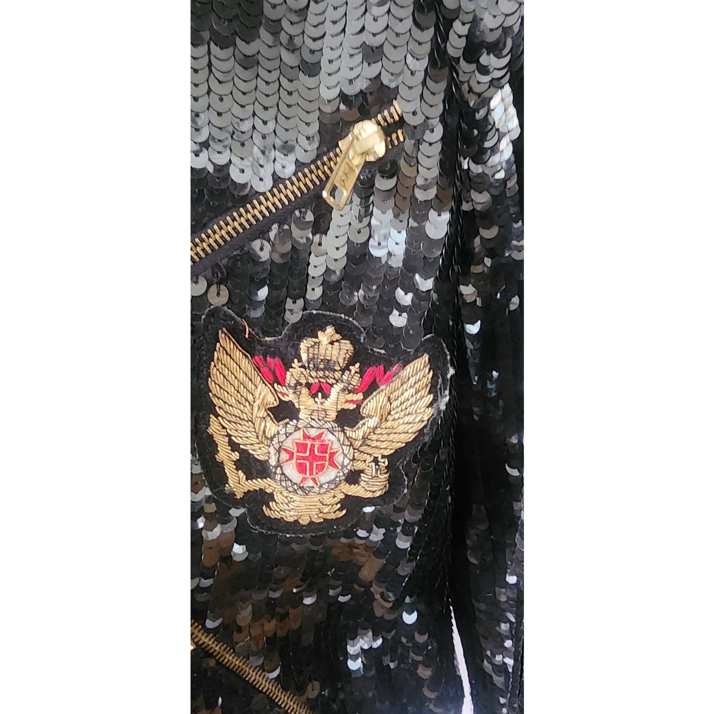 Vintage 80s Bomber Jacket Black Sequins Gold Eagle Motorcycle Patches Neiman Marcus / L