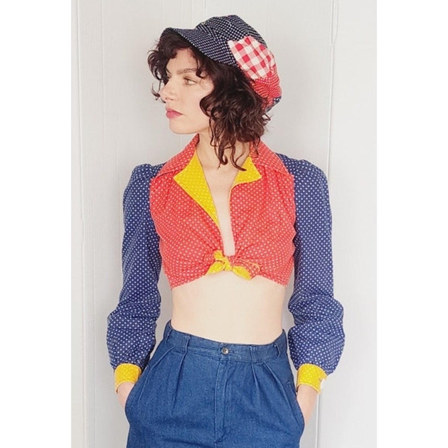 Vintage 70s Crop Top Tie Front Gingham Colorblock Hippie Boho Sweet Baby Jane
