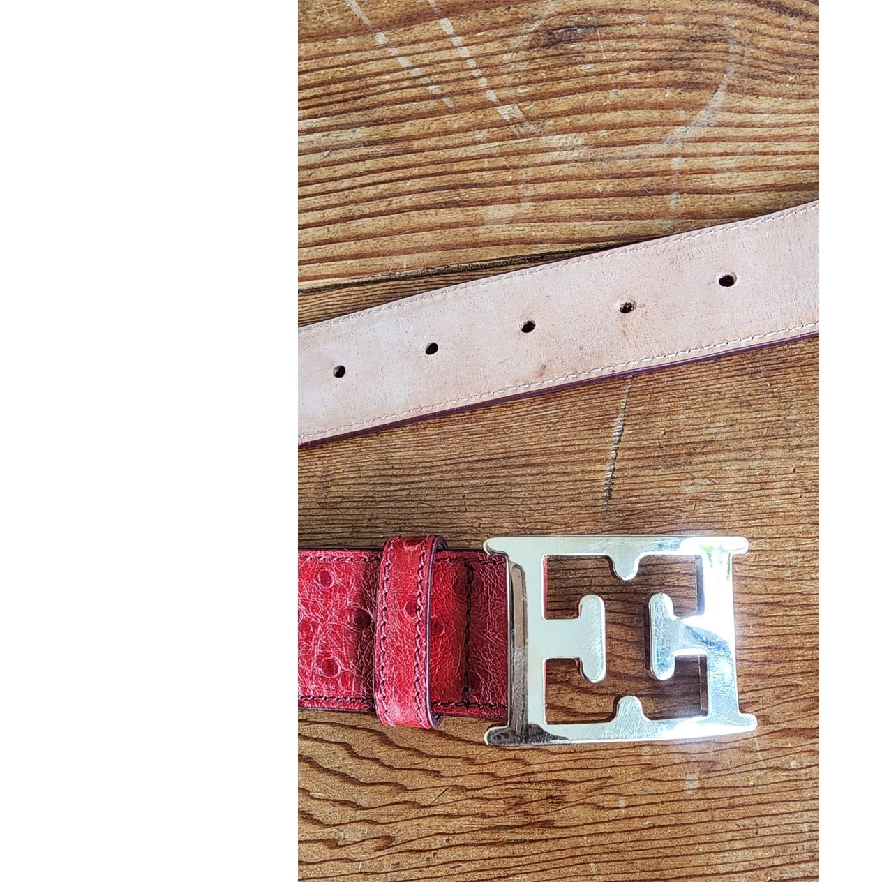 Vintage Escada Belt Red Ostrich Leather Gold E Letter Buckle