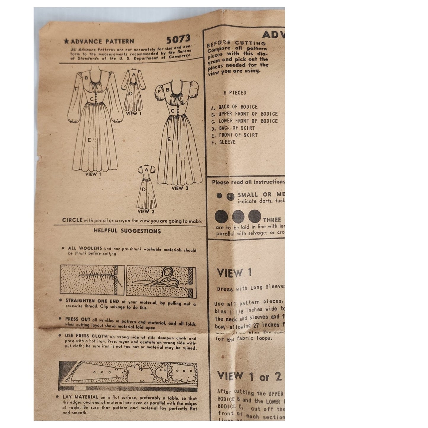 Vintage 40s Sewing Pattern Dress w/Full Skirt Advance 5073