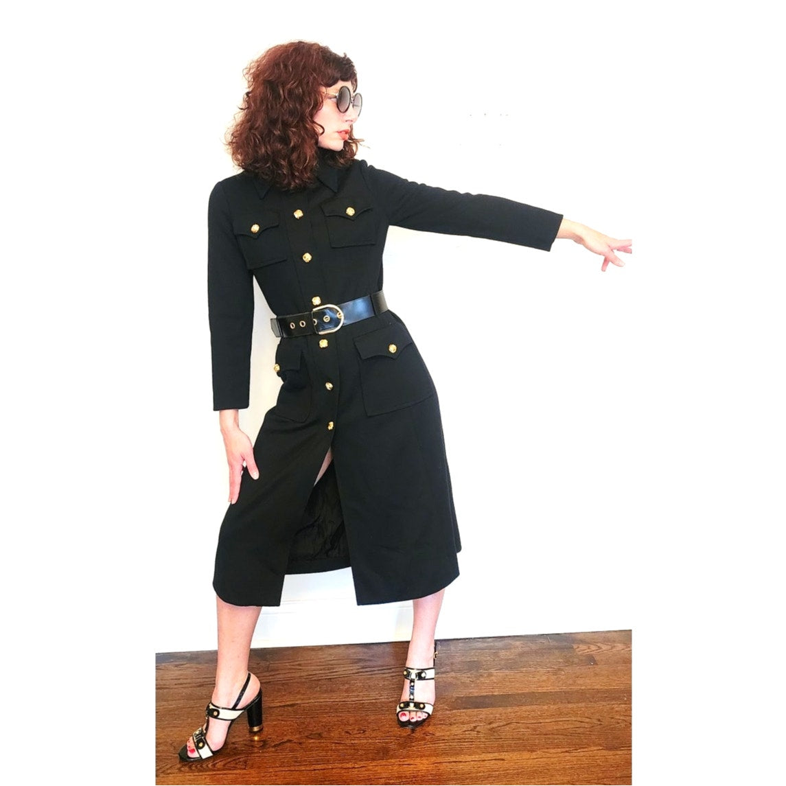 Vintage 1960s Dress Black Knit Wool + Gold Buttons, Belted by Gibi Italy