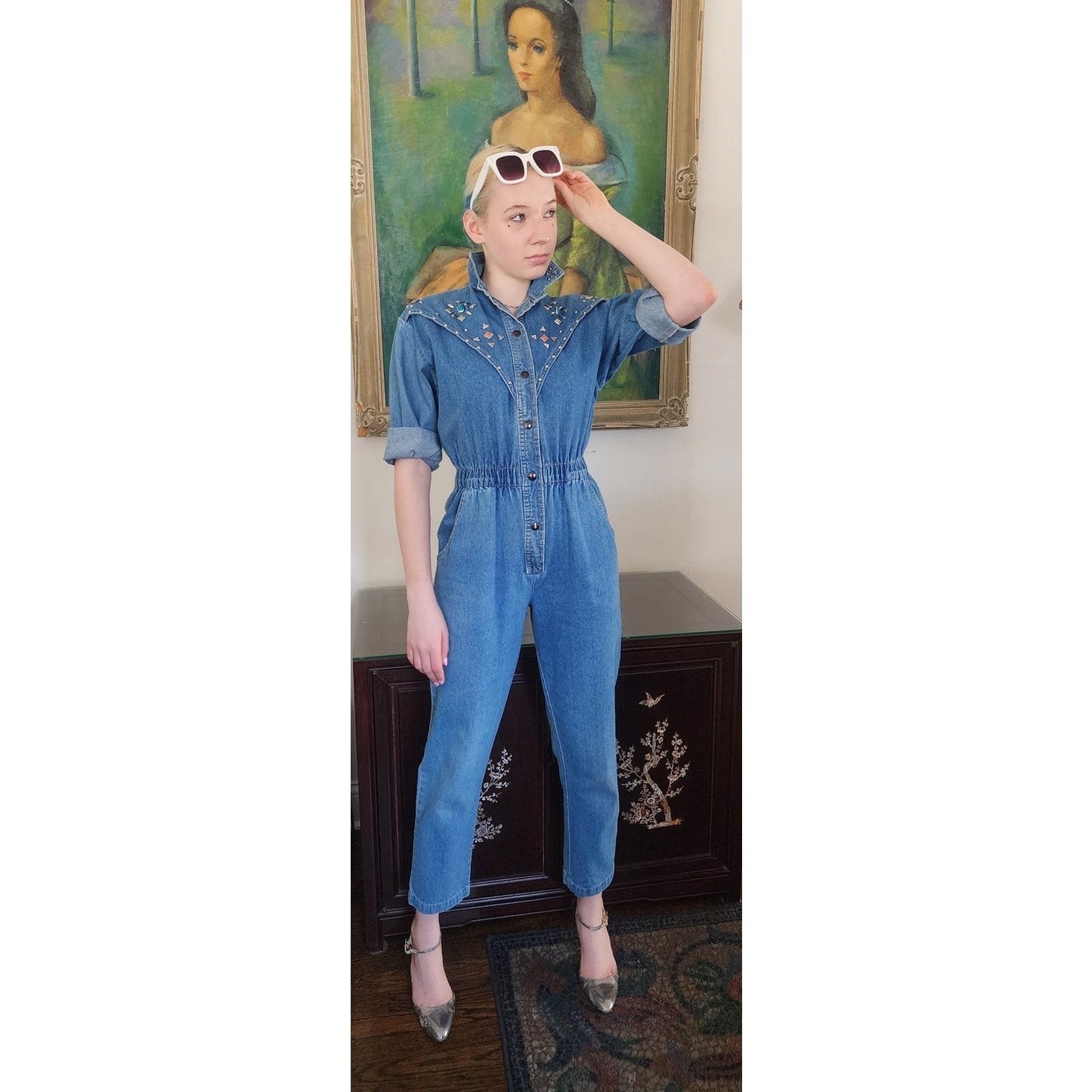 Vintage 80s Denim Jumpsuit w/Silver Studs Elastic Waist / Small