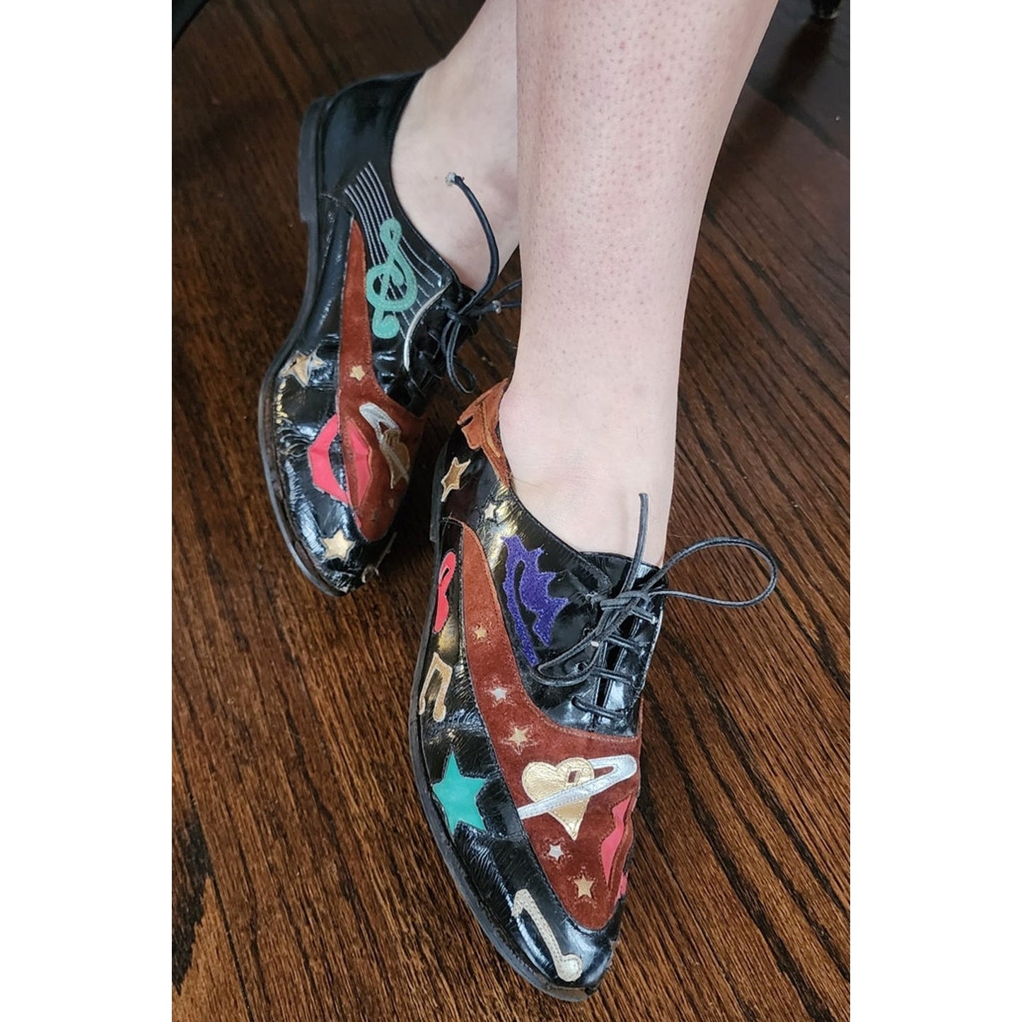 Vintage 90s Lace Up Shoes w/Graphicl Patchwork Music Notes Guitar Hearts Stars Lips Abstrax