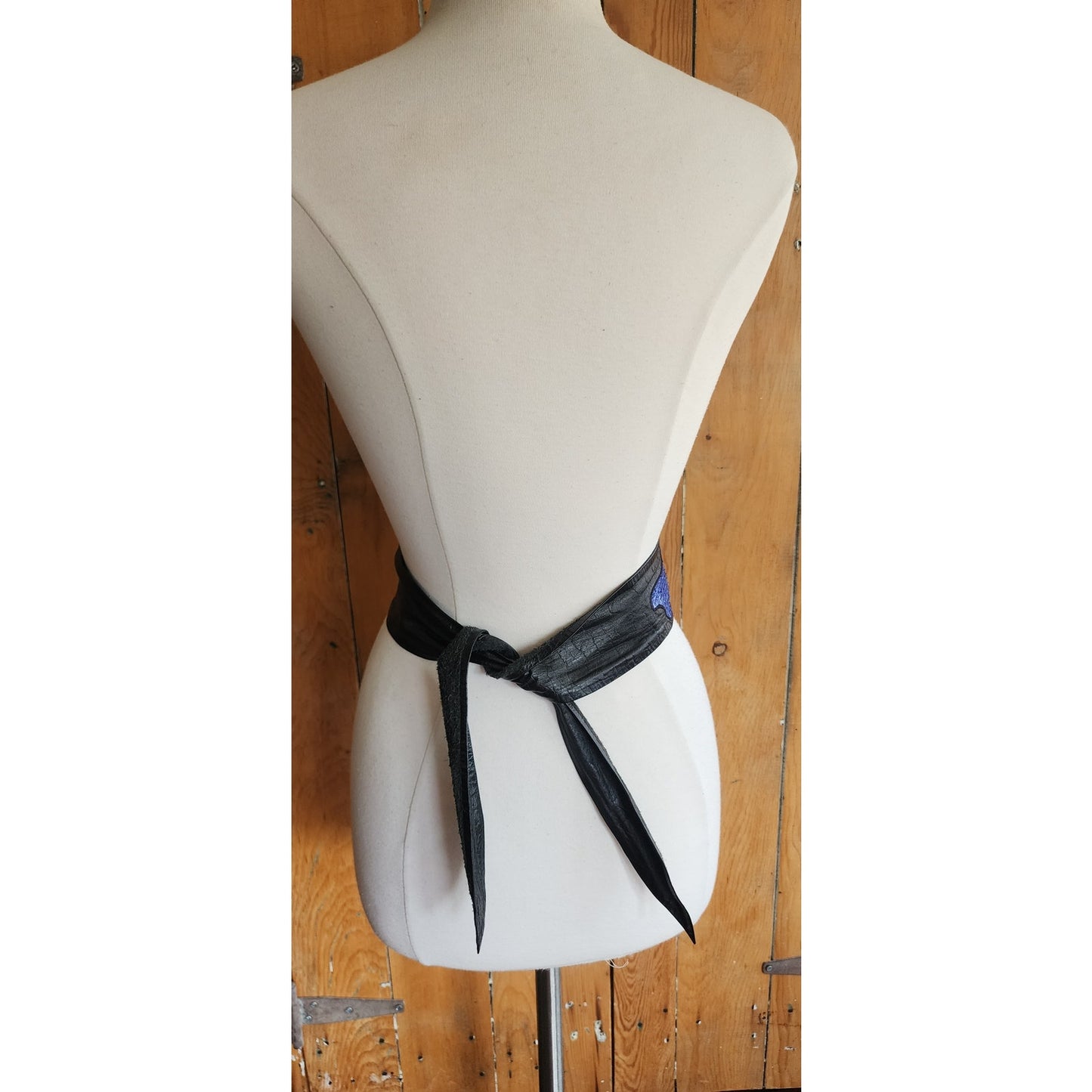 Vintage 80s Belt Snakeskin Leather Blue Beige Black Sash Tie
