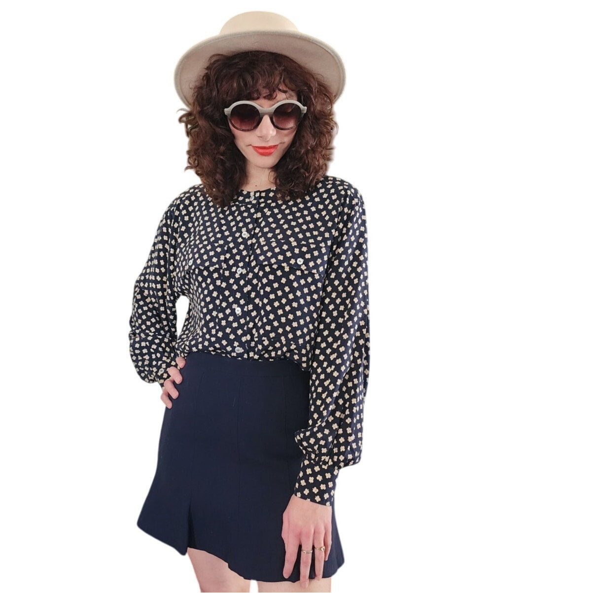 Vintage 80s Escada Blouse Navy Blue White Silkprint Shirt