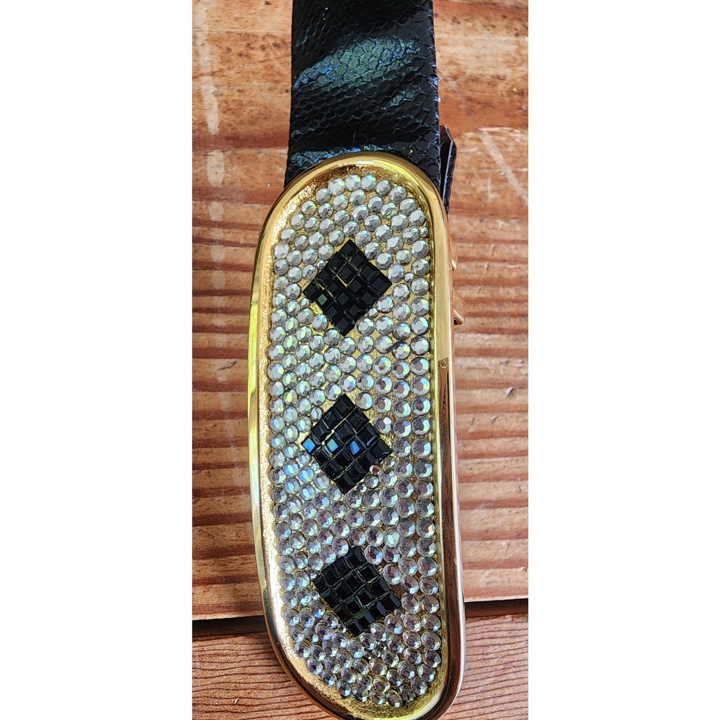 Vintage 80s Belt Rhinestone Buckle Black Leather /