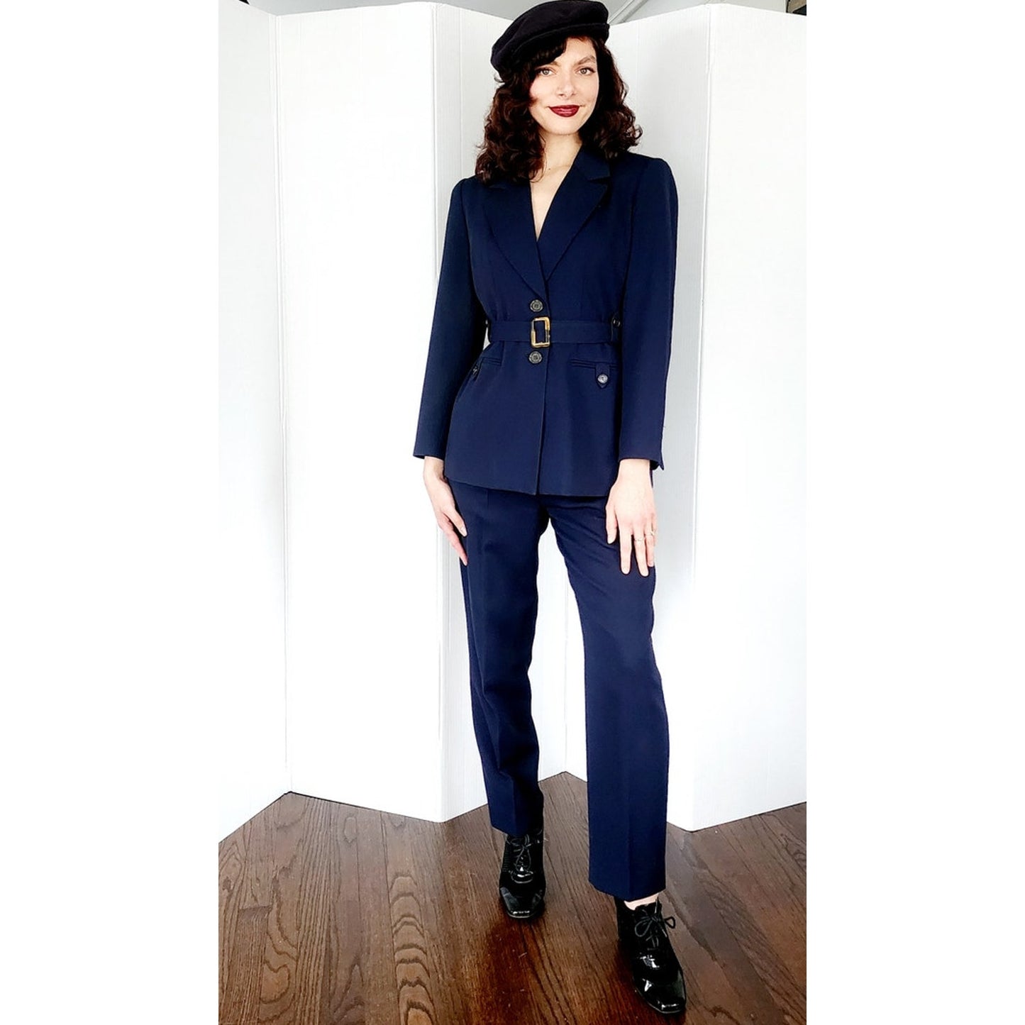 Vintage 1990s Navy Blue Pant Suit w/Belted Blazer Kasper /S