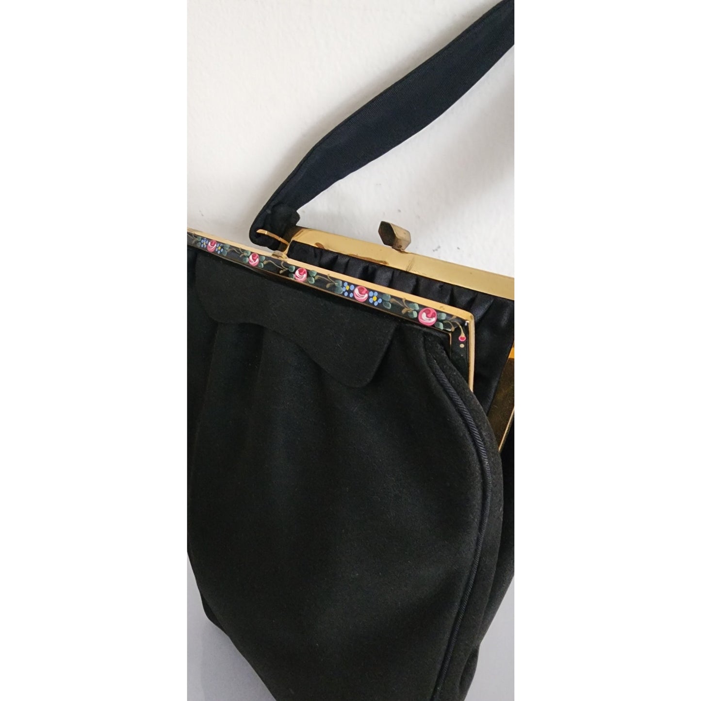 Vintage 40s Rosenfeld Handbag Black Brushed Suede Floral Enamel Frame
