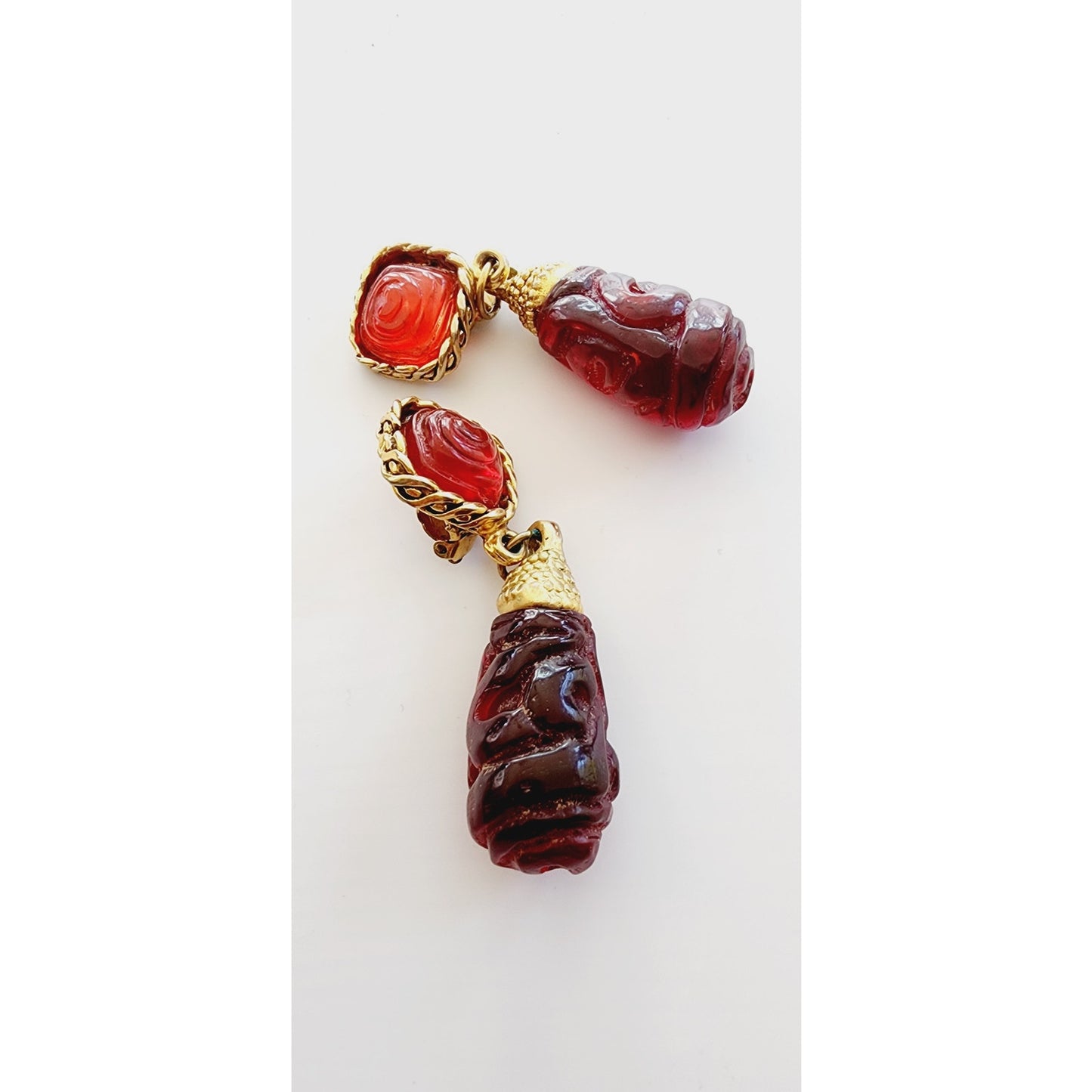 Vintage 80s Dangle Earrings Carved Red Glass Beads & Braided Gold