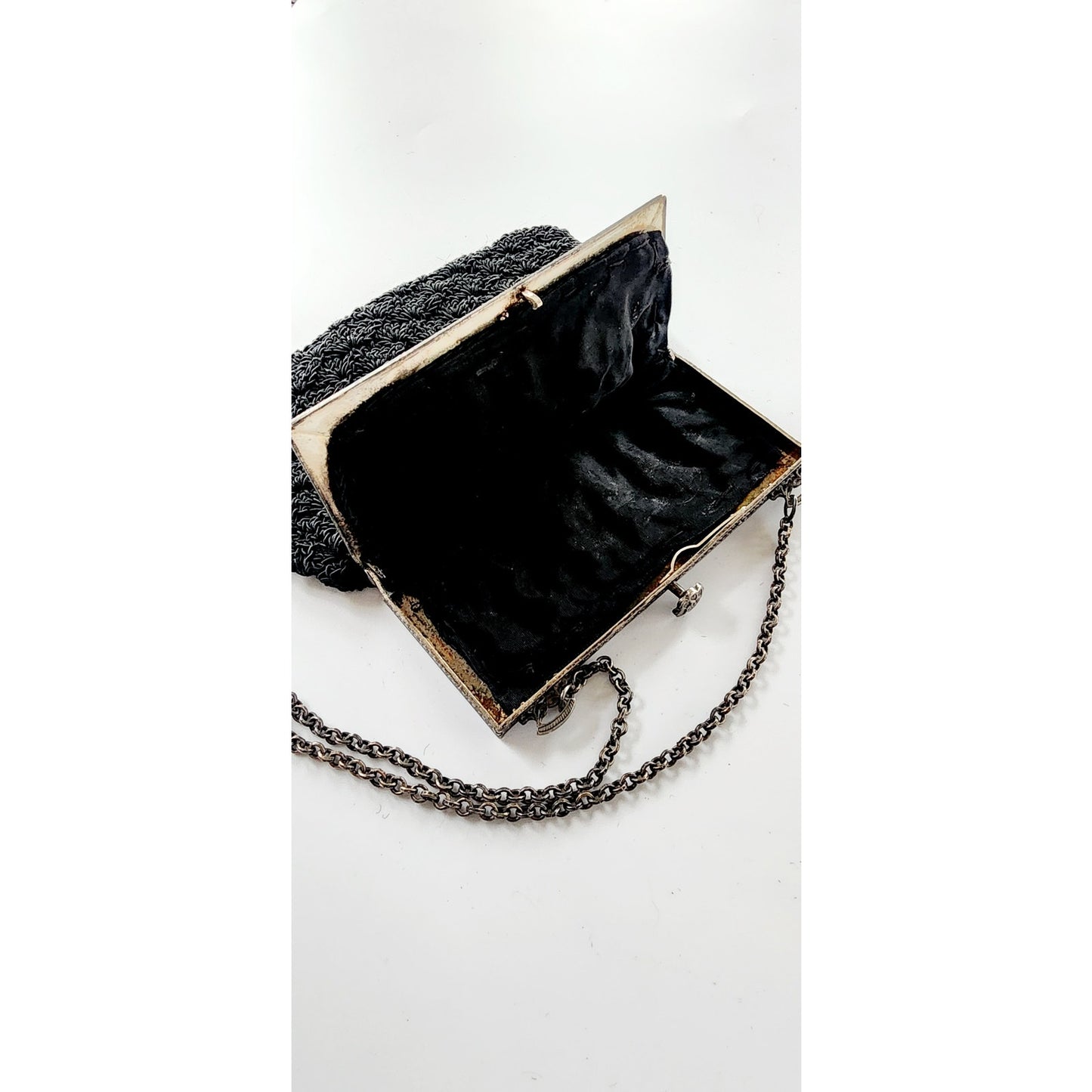 Antique Black Crochet Bag Silver Metal Etched Frame Edwardian 1910s Purse