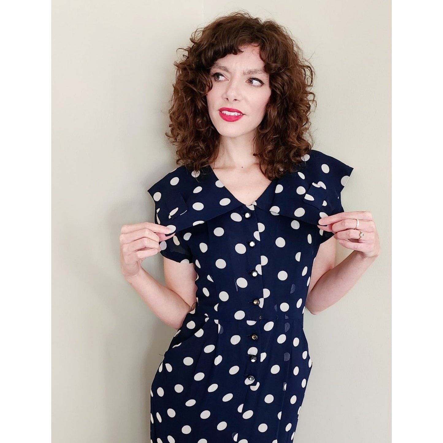 Vintage 40s Rayon Print Dress Navy Blue Polkadot S