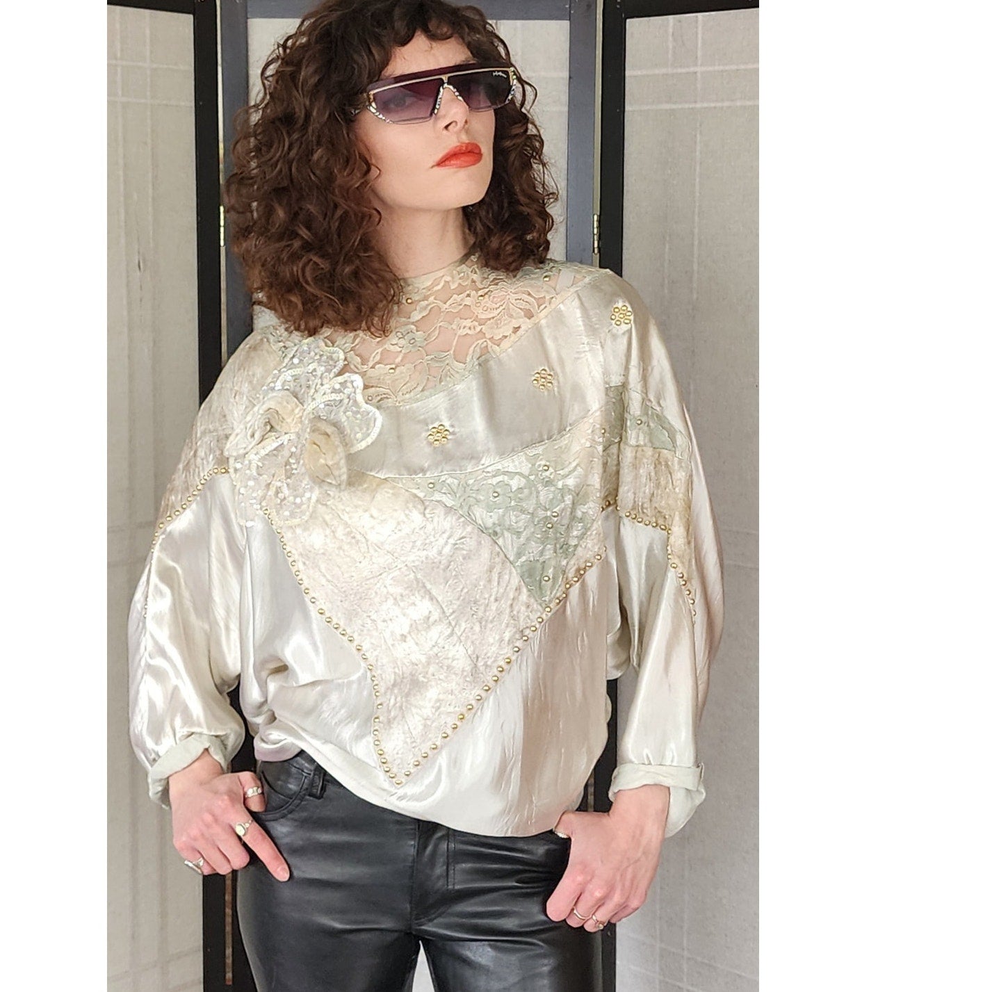 Vintage 80s Maick Harold Blouse Tunic Velvet Lace Sequins Applique Embroidery