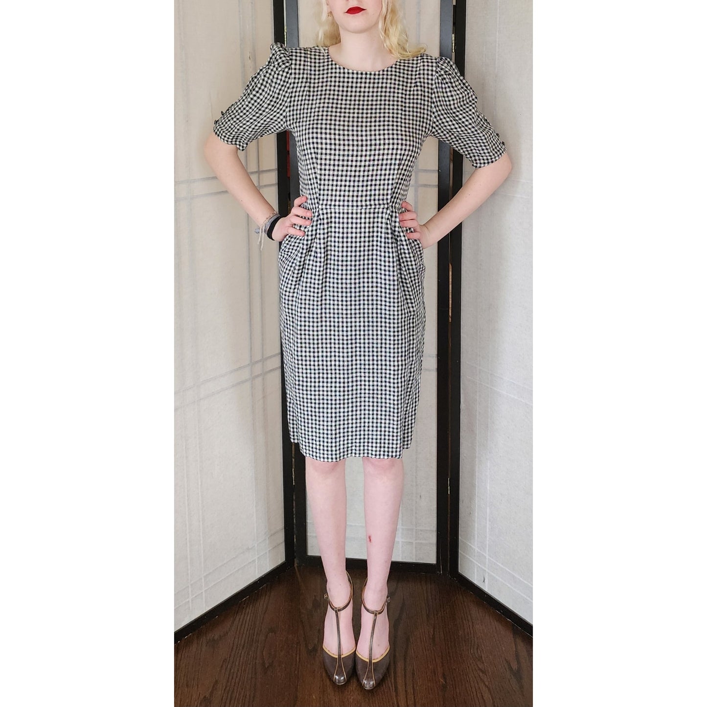 Vintage 80s UNGARO Dress Gingham Print Black White Back Buttons