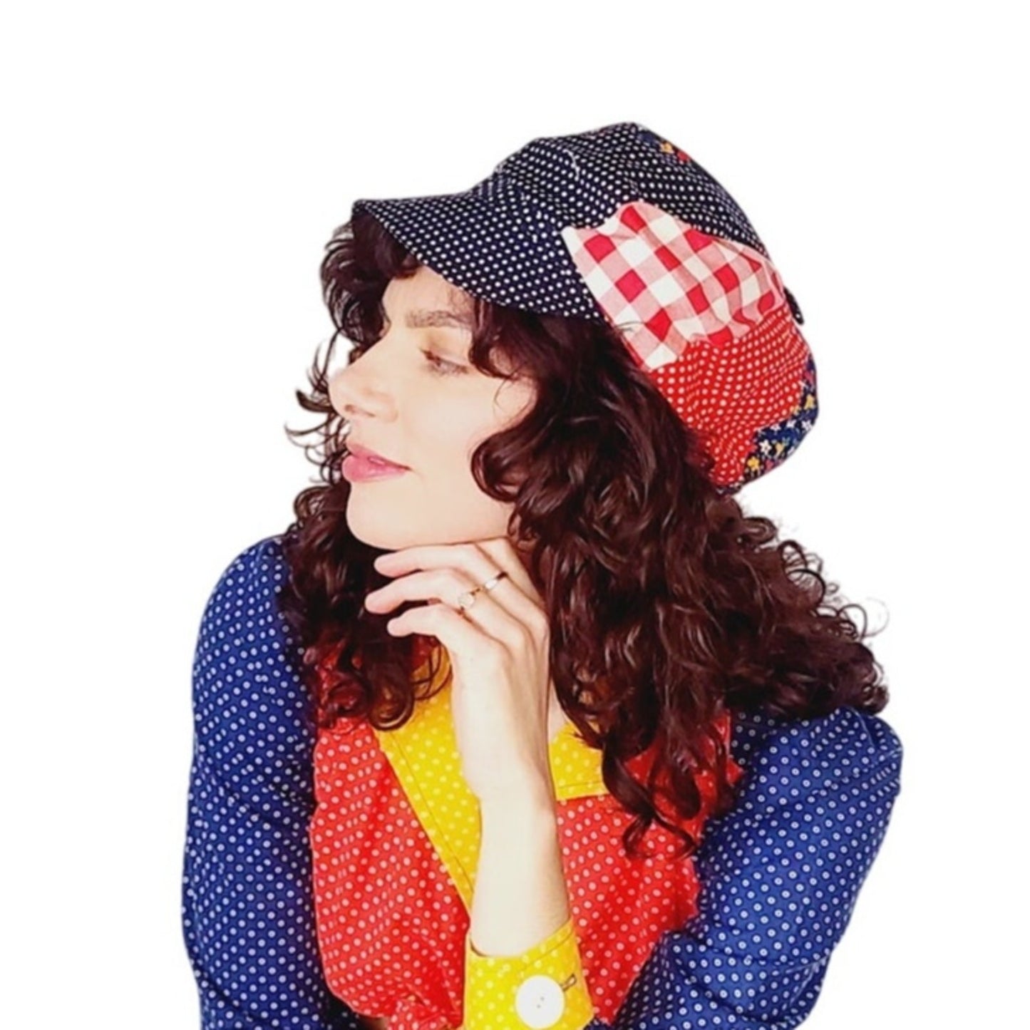 Vintage 70s Patchwork Quilt Hat Newsboy Hat Gingham Print Boho