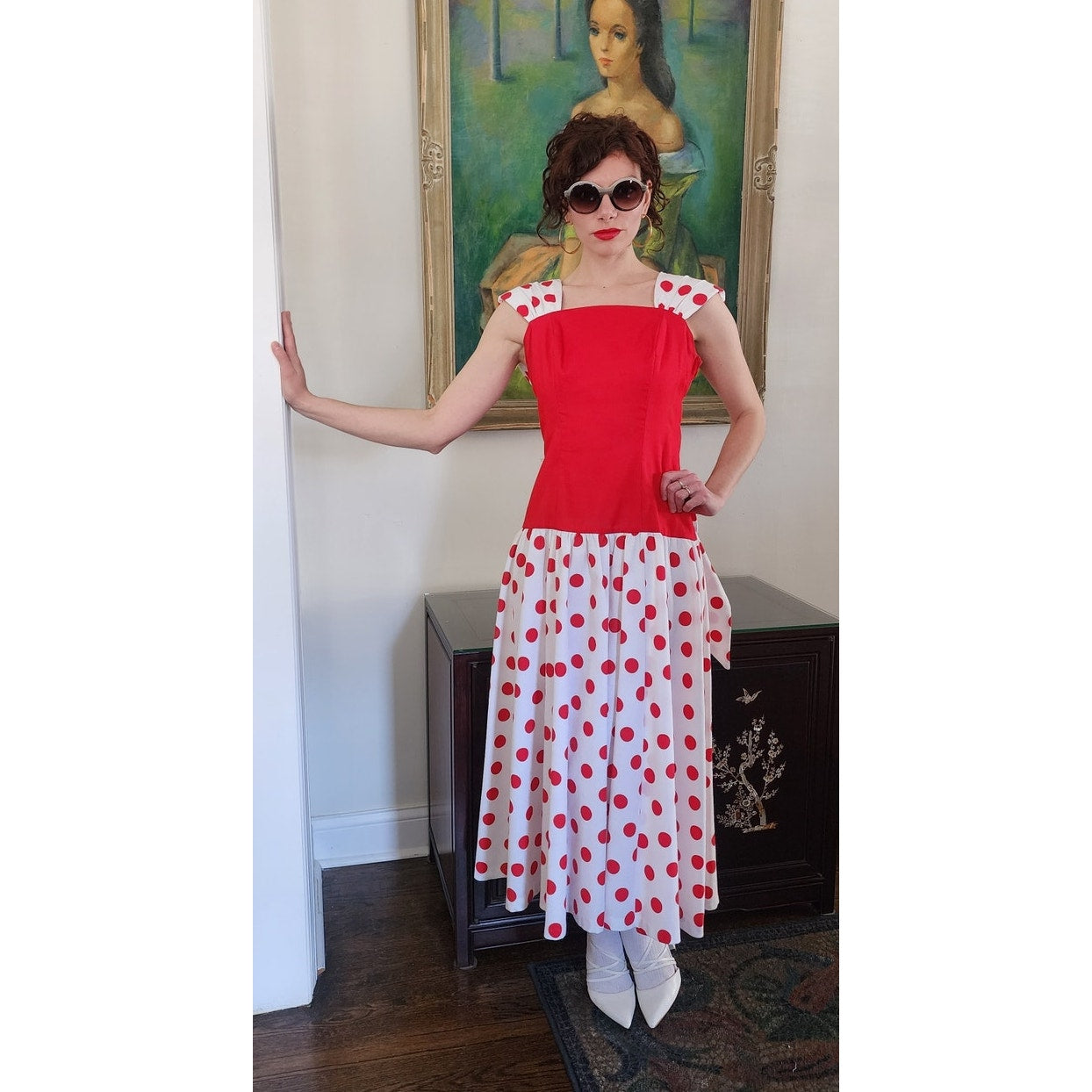 Vintage 80s Polka Dot Print Dress Red White Leslie Lucks