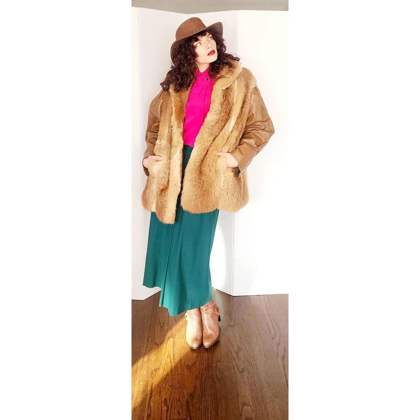 1970s Brown Leather Jacket w/Possum Fur Boho / Large