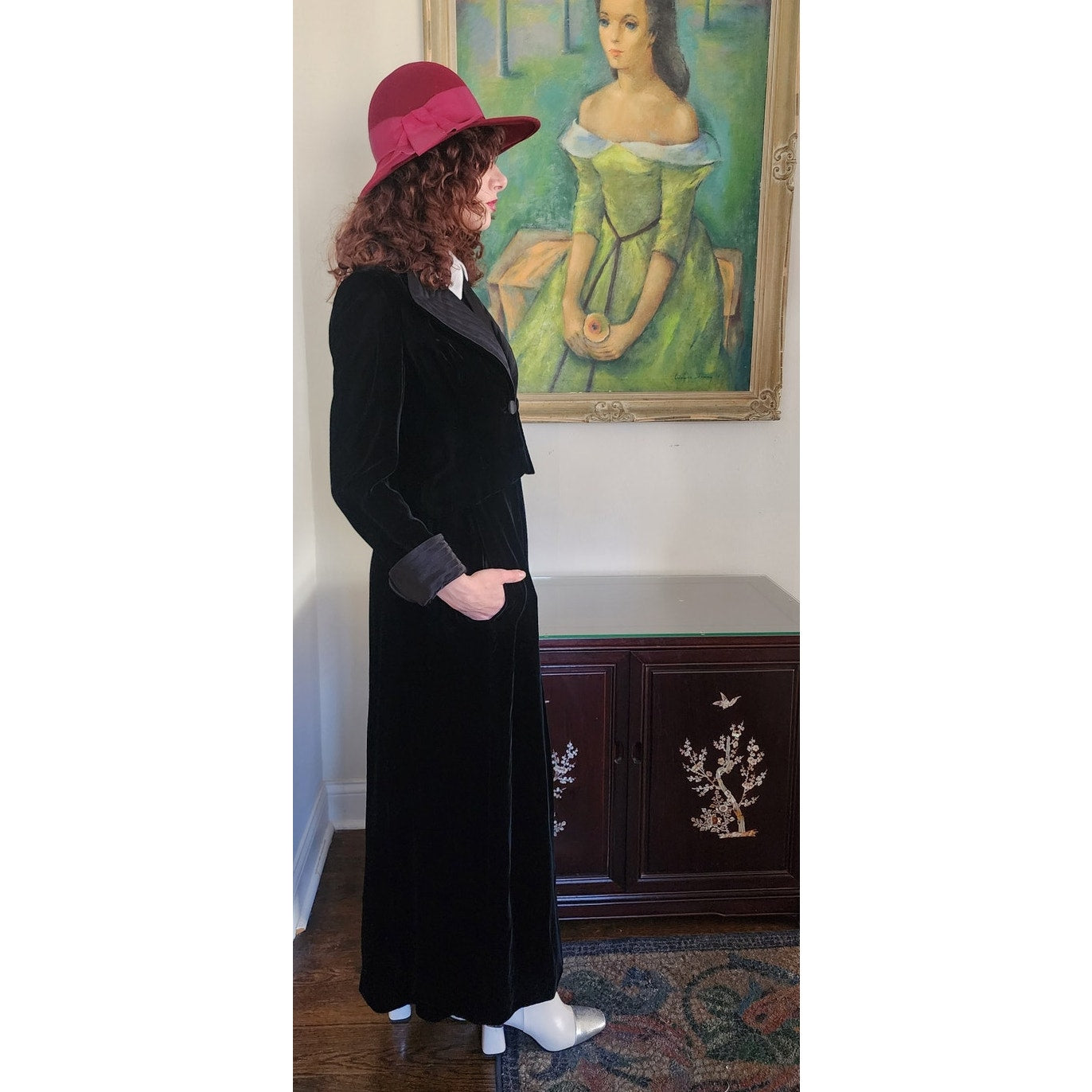 Vintage 70s Tuxedo Style Maxi Dress + Jacket Set Black Velvet Joseph Stein Muriel Reade