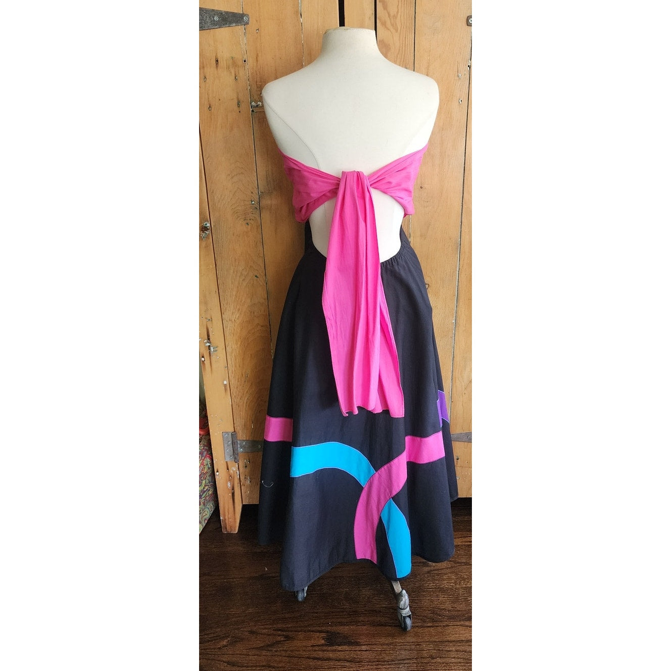Vintage 80s Circle Skirt Multicolored Cotton Applique Converts to Strapless Dress Opus 1