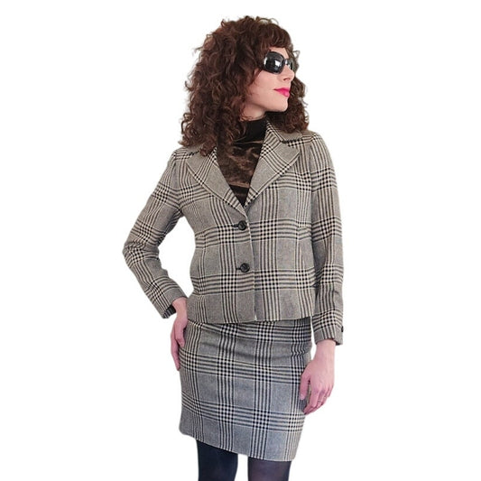 Vintage 1990s Brooks Brothers Skirt Suit Moon Wool Houndstooth Black White
