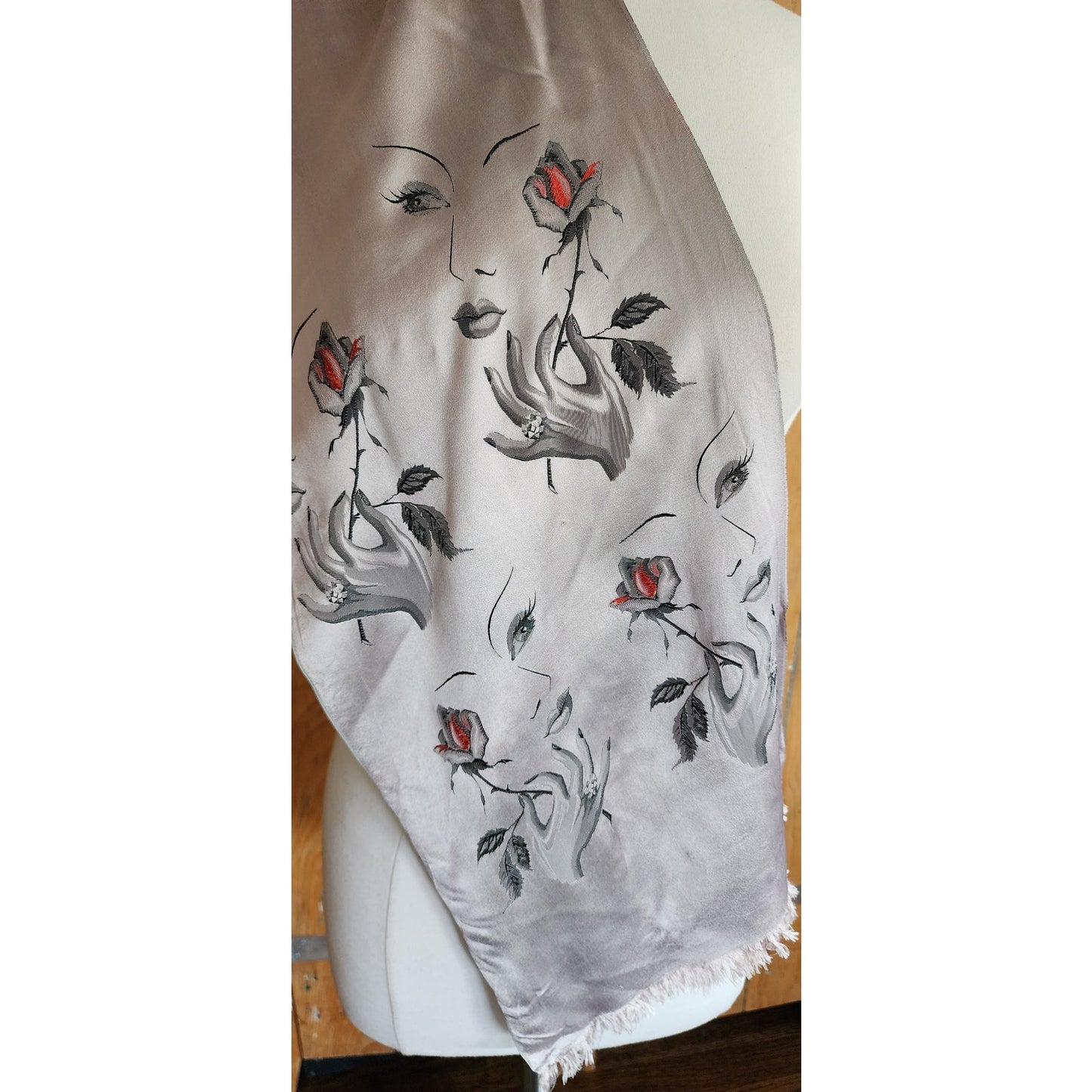 Vintage 40s Silk Embroidered Scarf Woman's Face w/Rose Flower