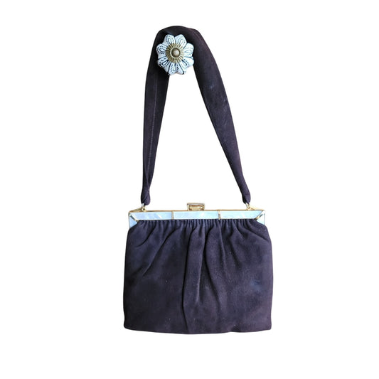Vintage 1940s Brown Handbag Brushed Suede Mother of Pearl by Buechner