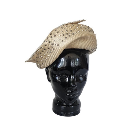 Vintage Jack McConnell Hat Asymmetrical Cream Straw Pearls Studs