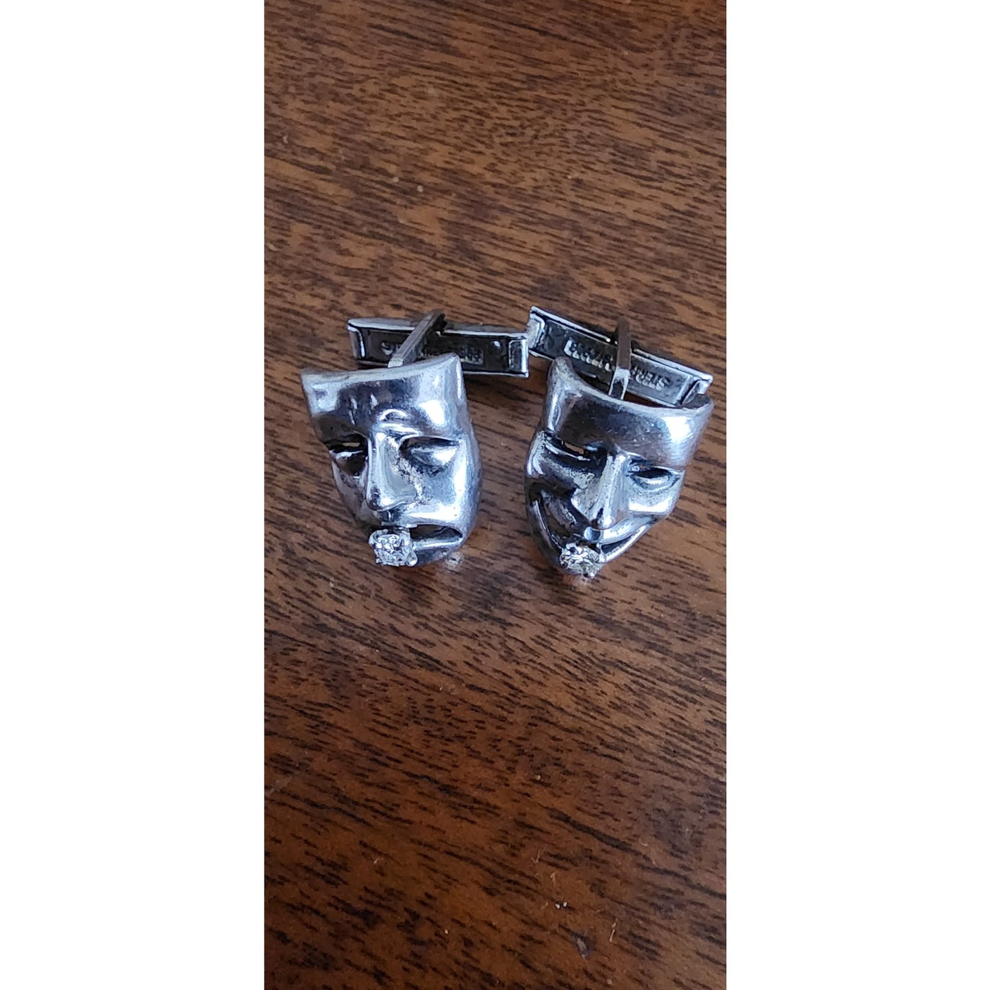 Vintage Sterling Silver Cufflinks w/Diamonds Comedy Tragedy Theater Masks