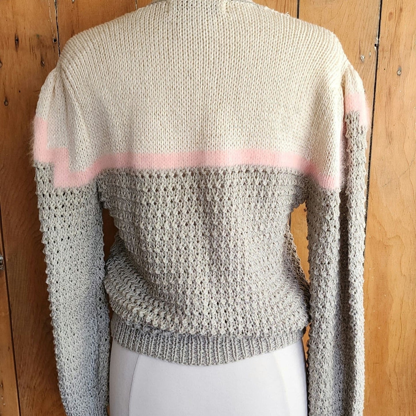 Vintage 80s Sweater Gray Pink Handknit Cardigan Acrylic Angora by Signatures