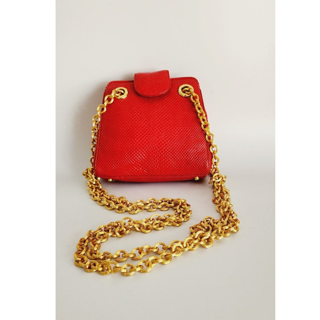 Vintage 90s Judith Leiber Bag Red Lizard Leather Gold Minaudiere