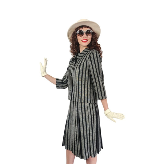 Vintage 1960s Sybil Connolly Skirt Suit Gray Black Striped Wool / Small