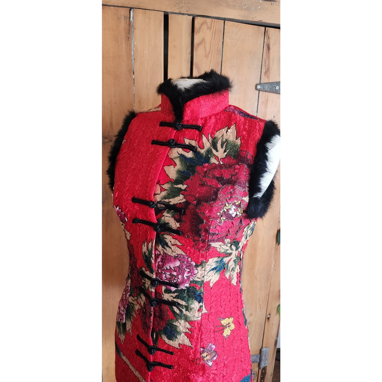 Chinese Costume Style Vest Waistcoat Rabbit Fur Trim Quilted Red Floral Print / XL