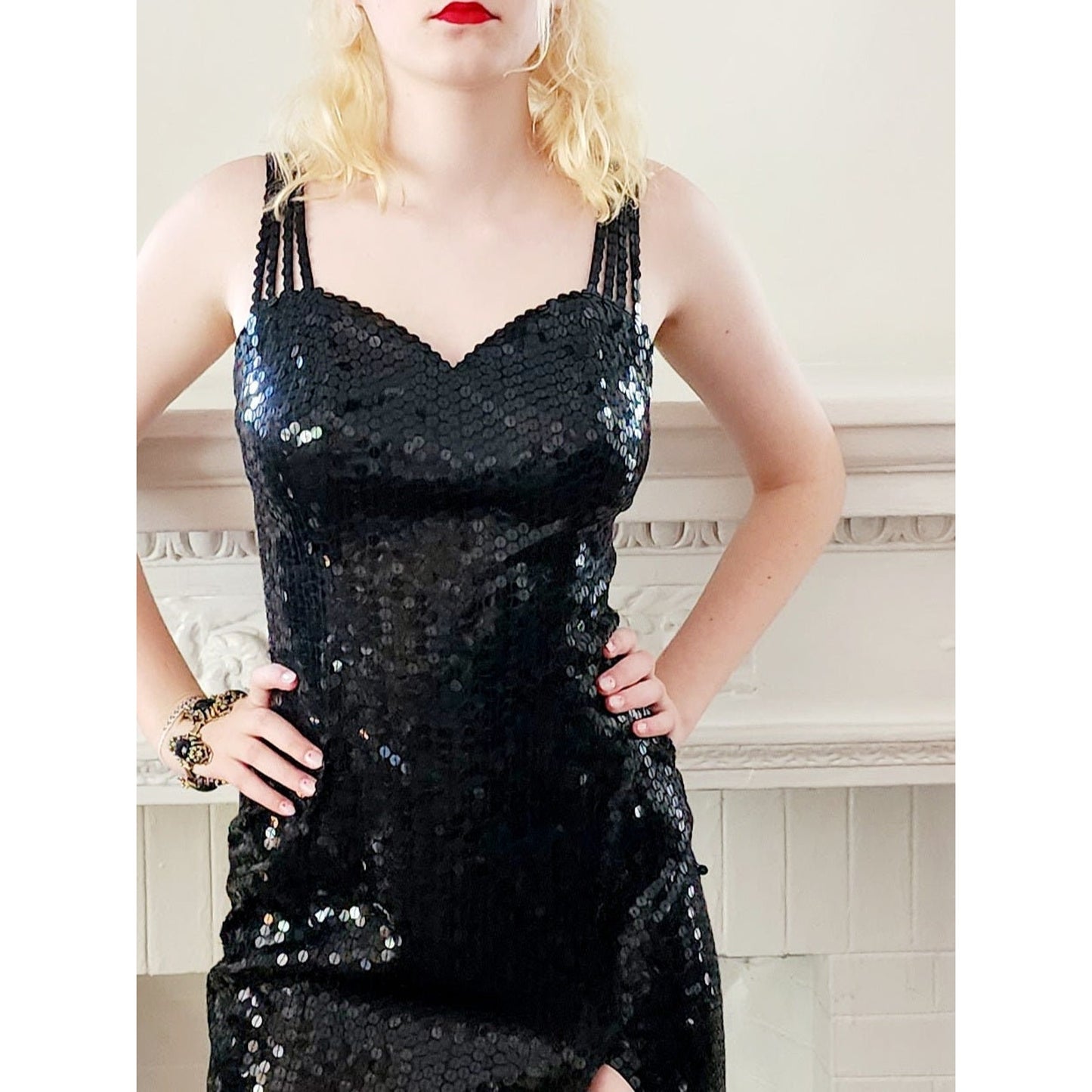 Vintage 90s Sequined Party Dress Black Sleeveless Niteline Della Roufagoli