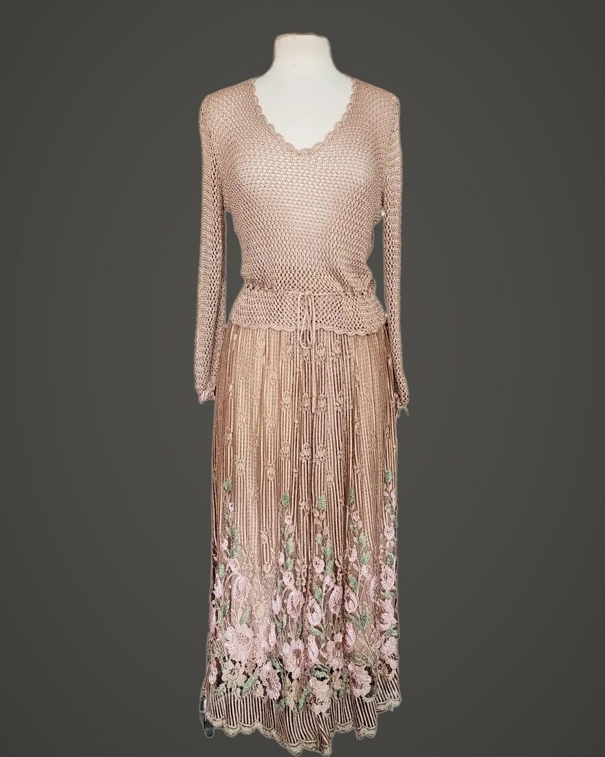 Vintage 1970s Jayna New York Dress Set Knit Crochet Top + Skirt Beige Lace Embroidery