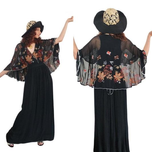 Vintage 1970s Janice Wainwright Maxi Dress Embroidered Butterfly Sleeves w/Capelet