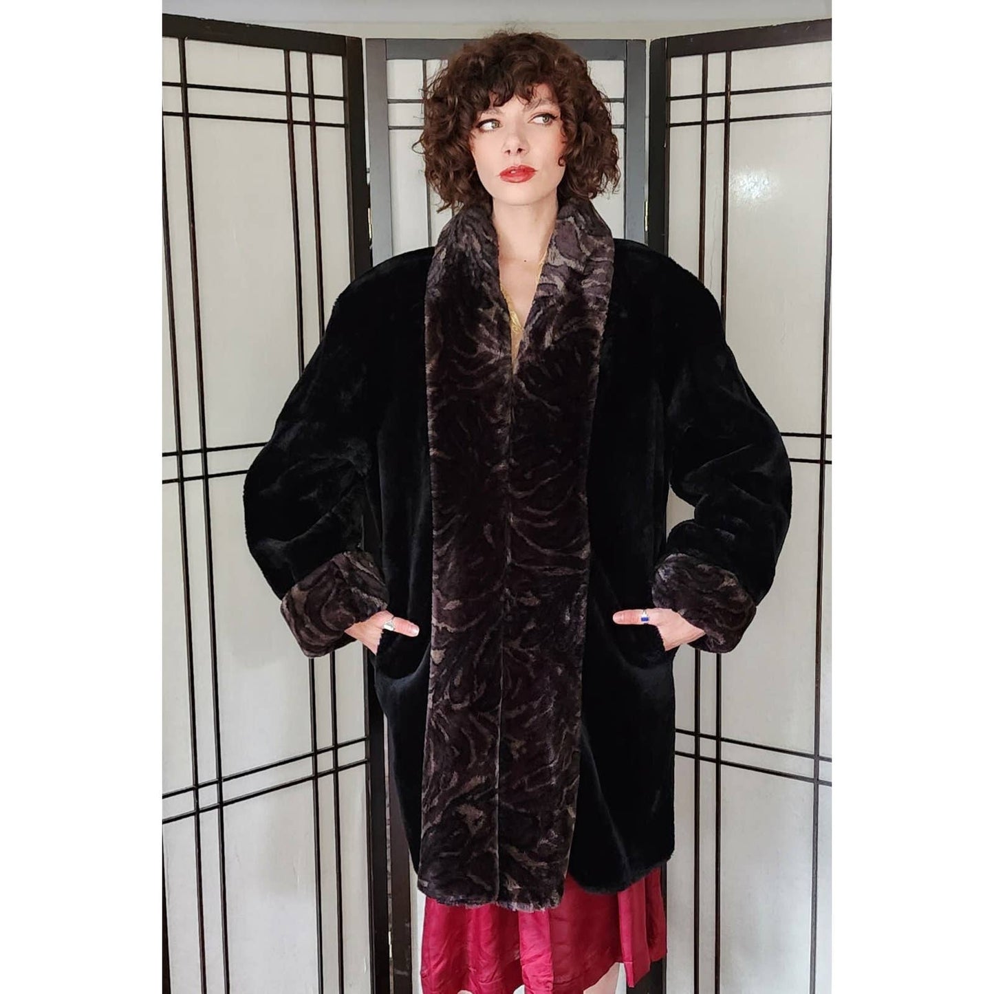 90s does 20s Faux Fur Coat Black Brown by Monterey Deadstock NOS