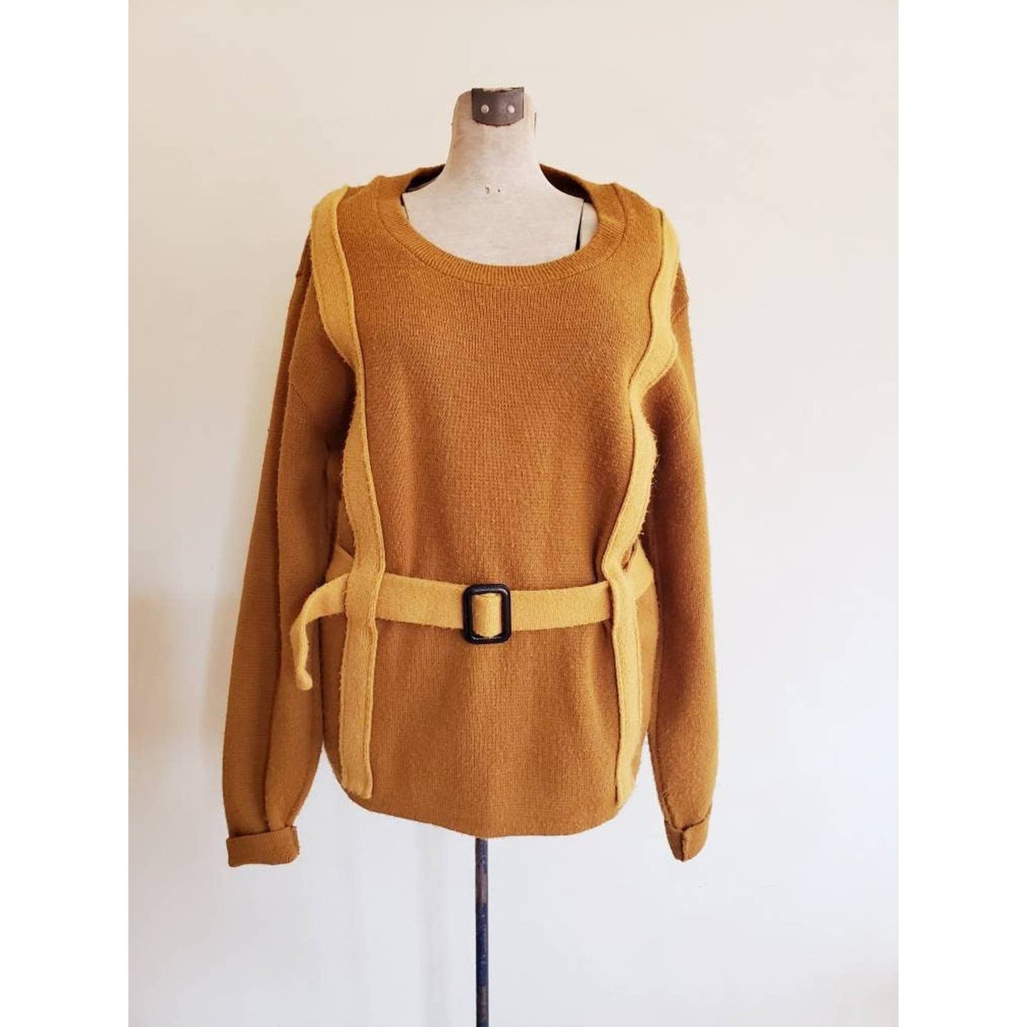 Vintage 70 Mens Sweater Mustard Yellow Sweater Adjustable Buckle Belt