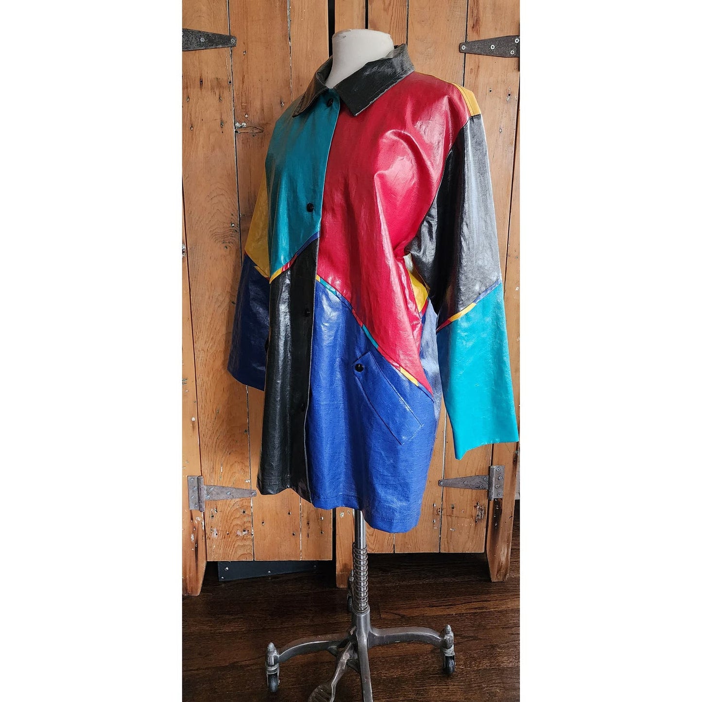 Vintage 80s Vinyl Coat Colorblock Patchwork