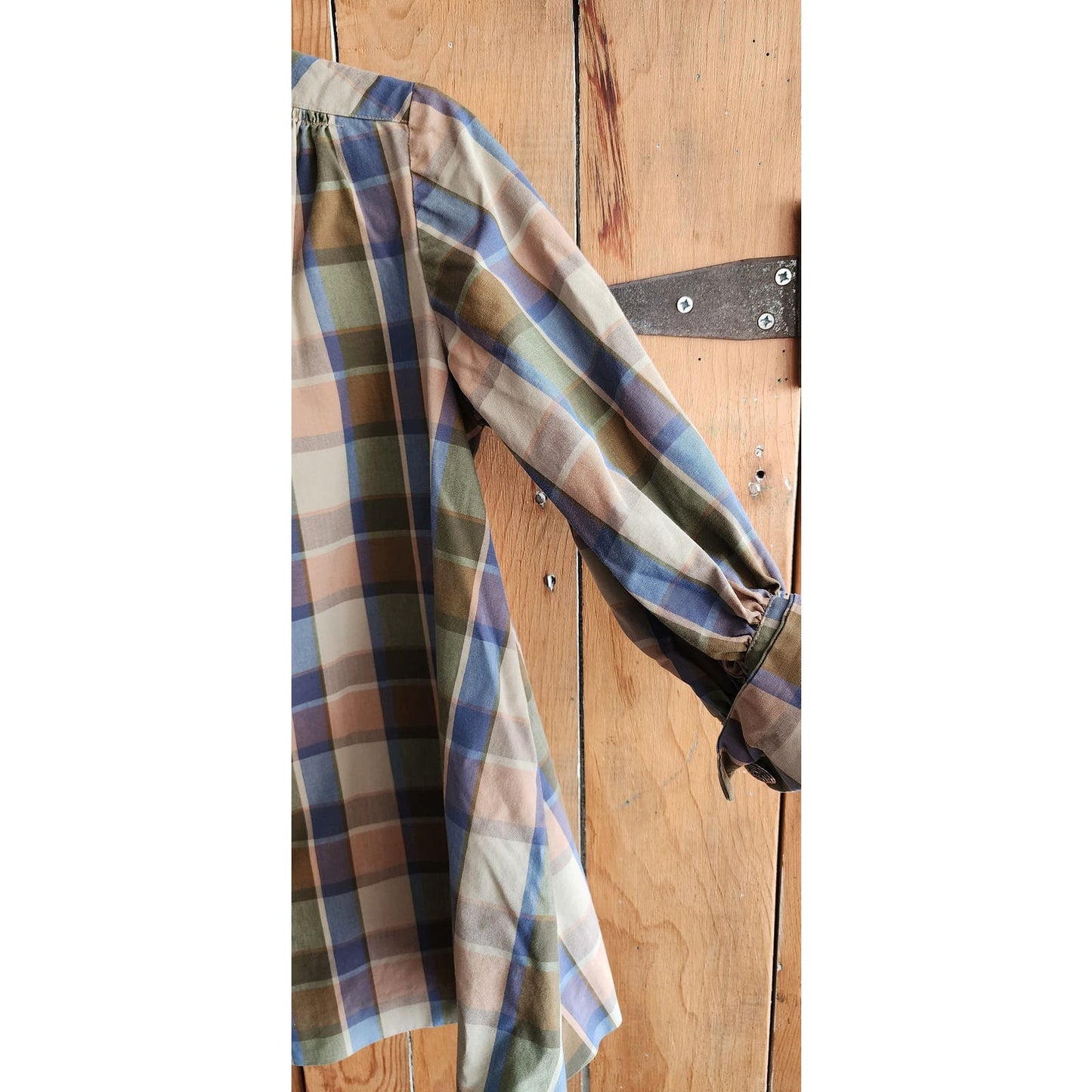 Vintage 60s Maternity Blouse Plaid Print Blue Beige