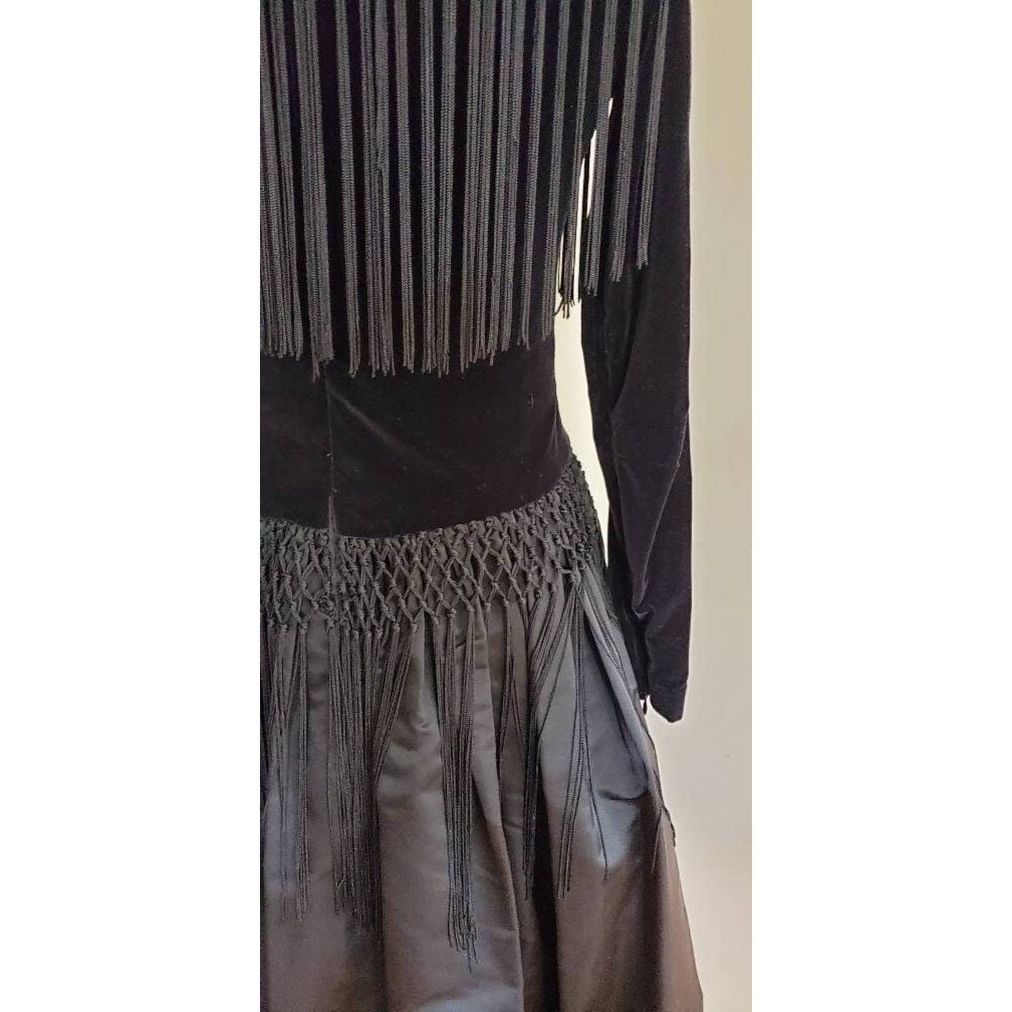 Vintage 70s Bill Blass Evening Dress Black Velvet Satin Fringe