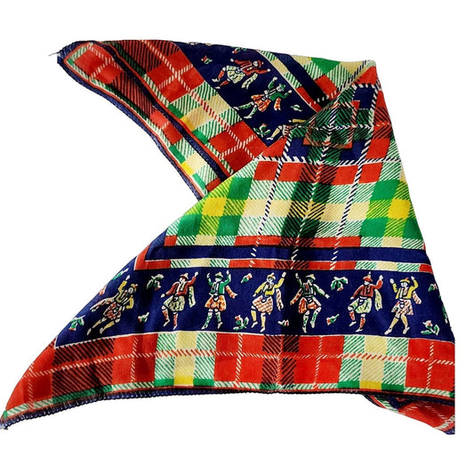 Vintage 40s Souvenir Scarf Scottish Dancers Plaid Pattern Highlander