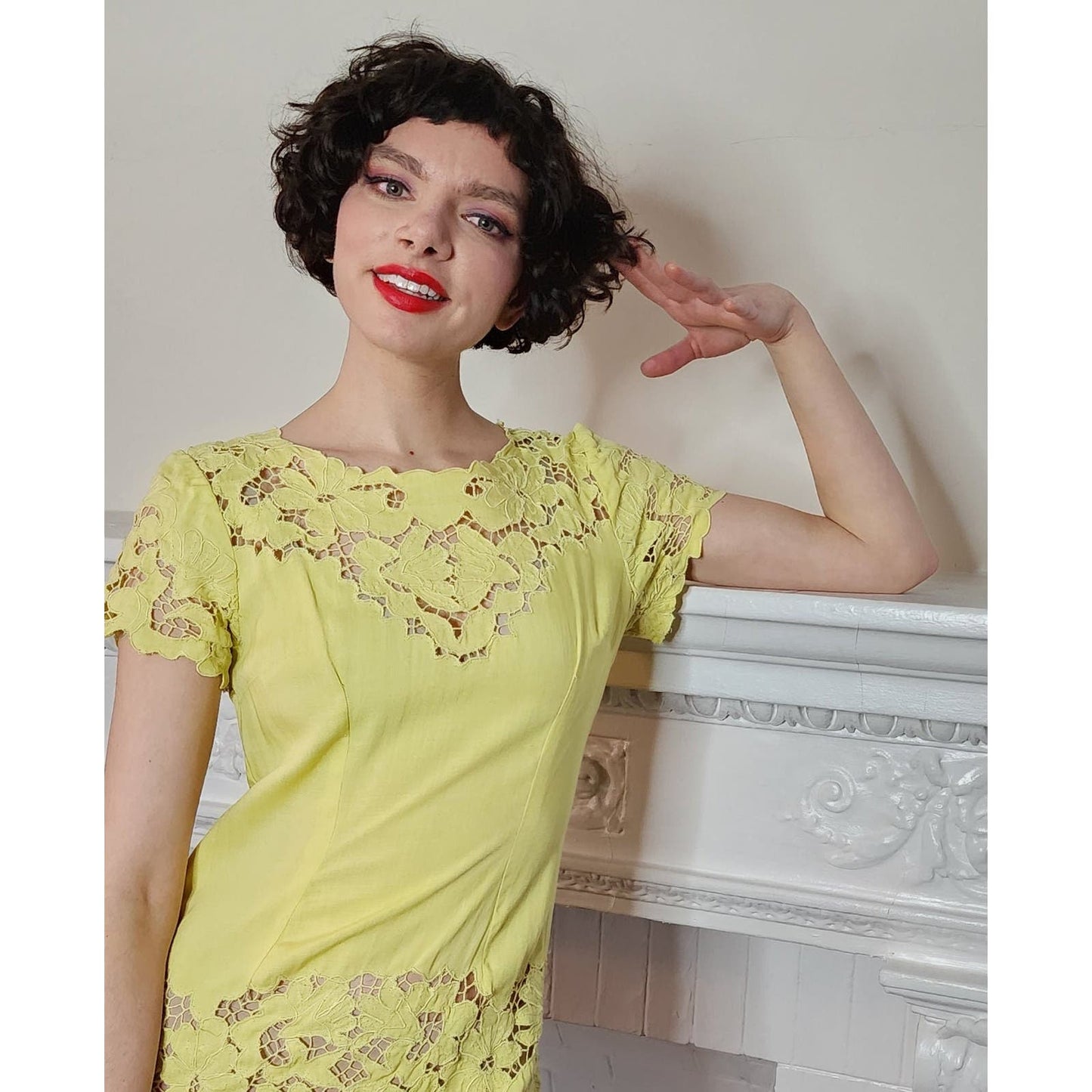 Vintage 60s Yellow Summer Dress Cut Lace 20s Style