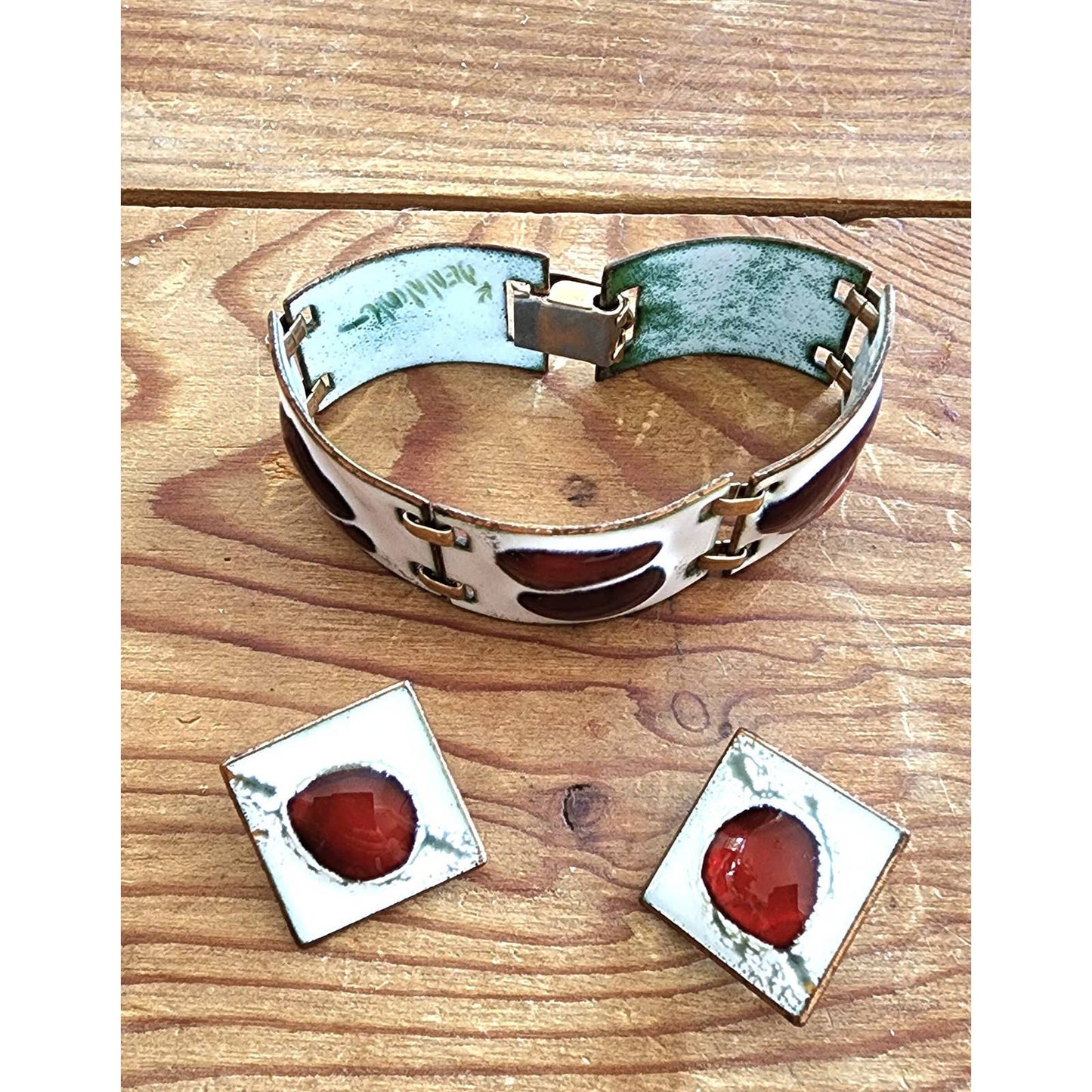Vintage 60s Enamel Jewelry Set Bracelet Earring K Denning Scandinavian MCM Signed