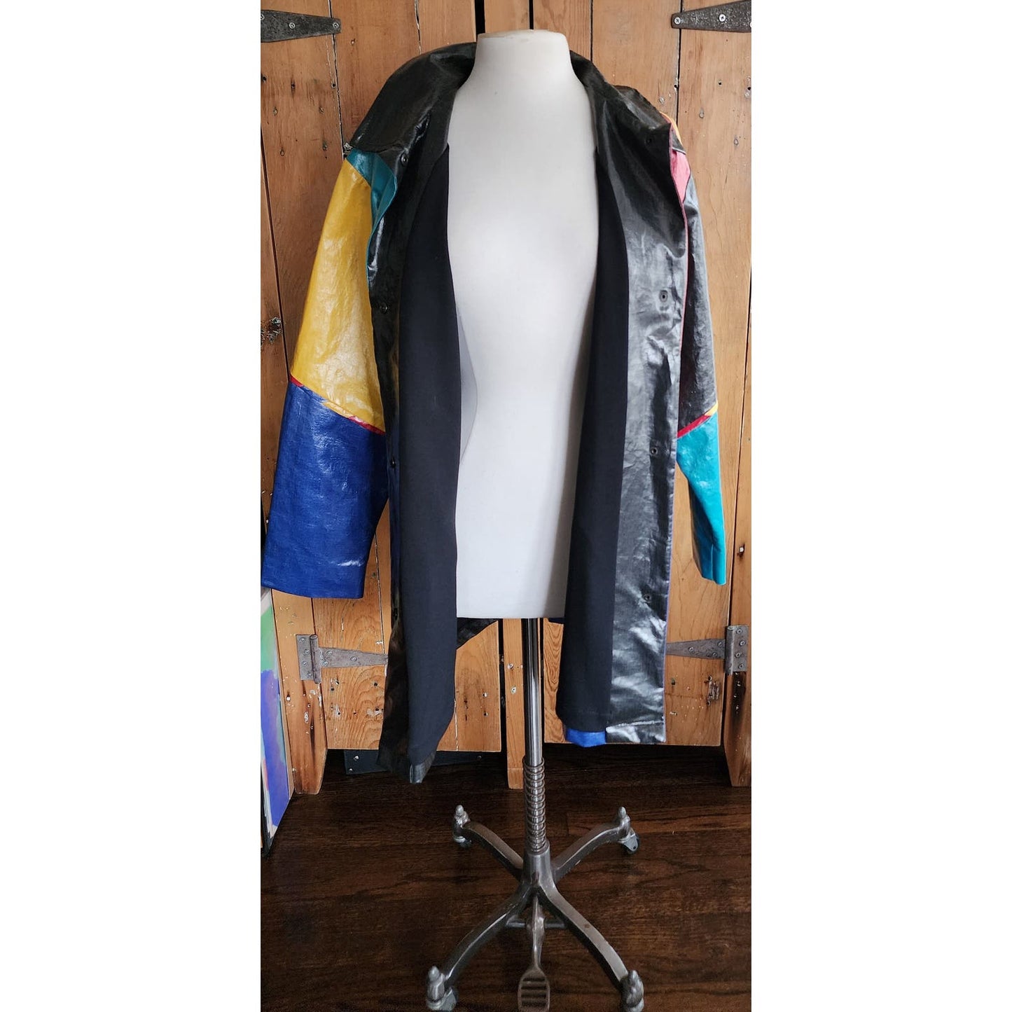 Vintage 80s Vinyl Coat Colorblock Patchwork
